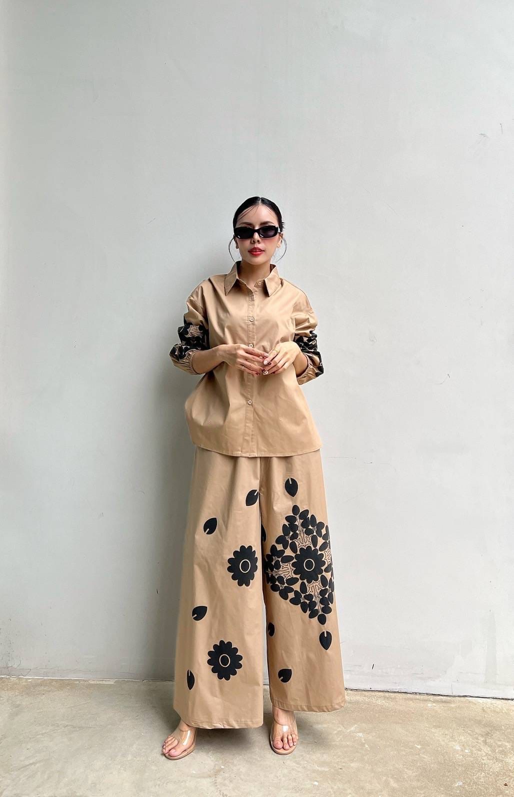 Camel Beige Embroidered Cotton Co-Ord Set