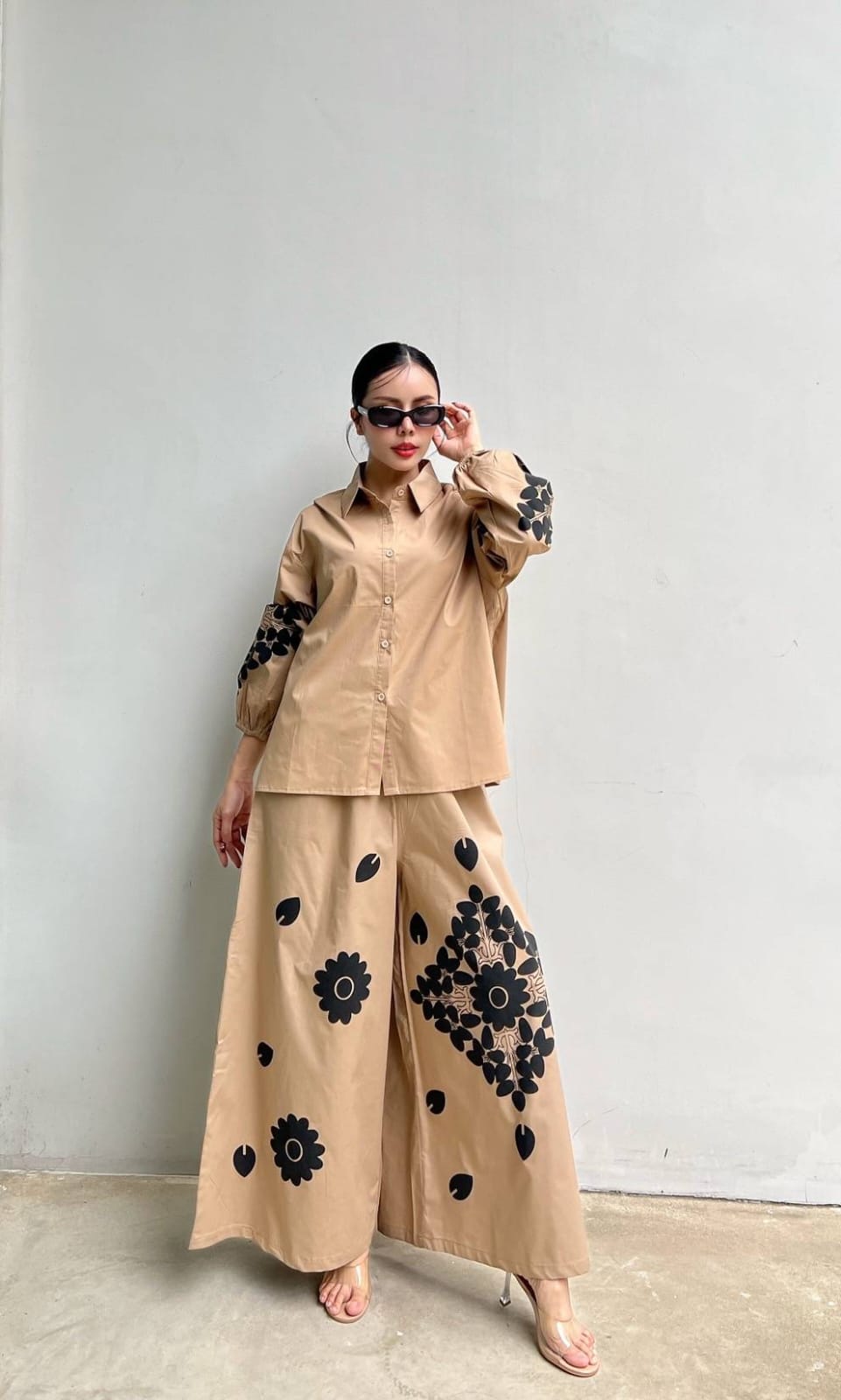 Camel Beige Embroidered Cotton Co-Ord Set