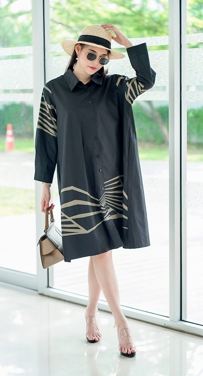 Black Geometric Lines Print Tunic Dress