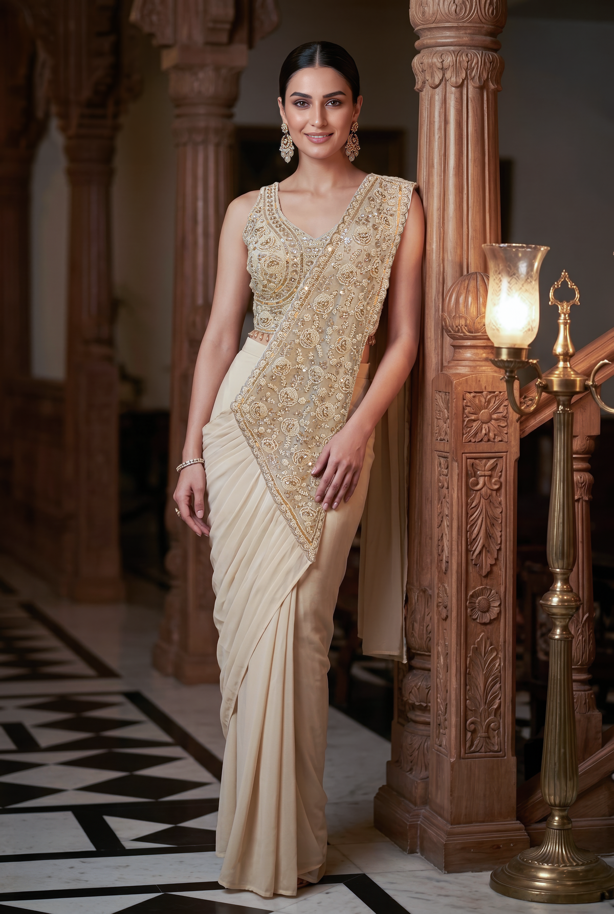 Soft Ivory Embellished Georgette Silk Saree