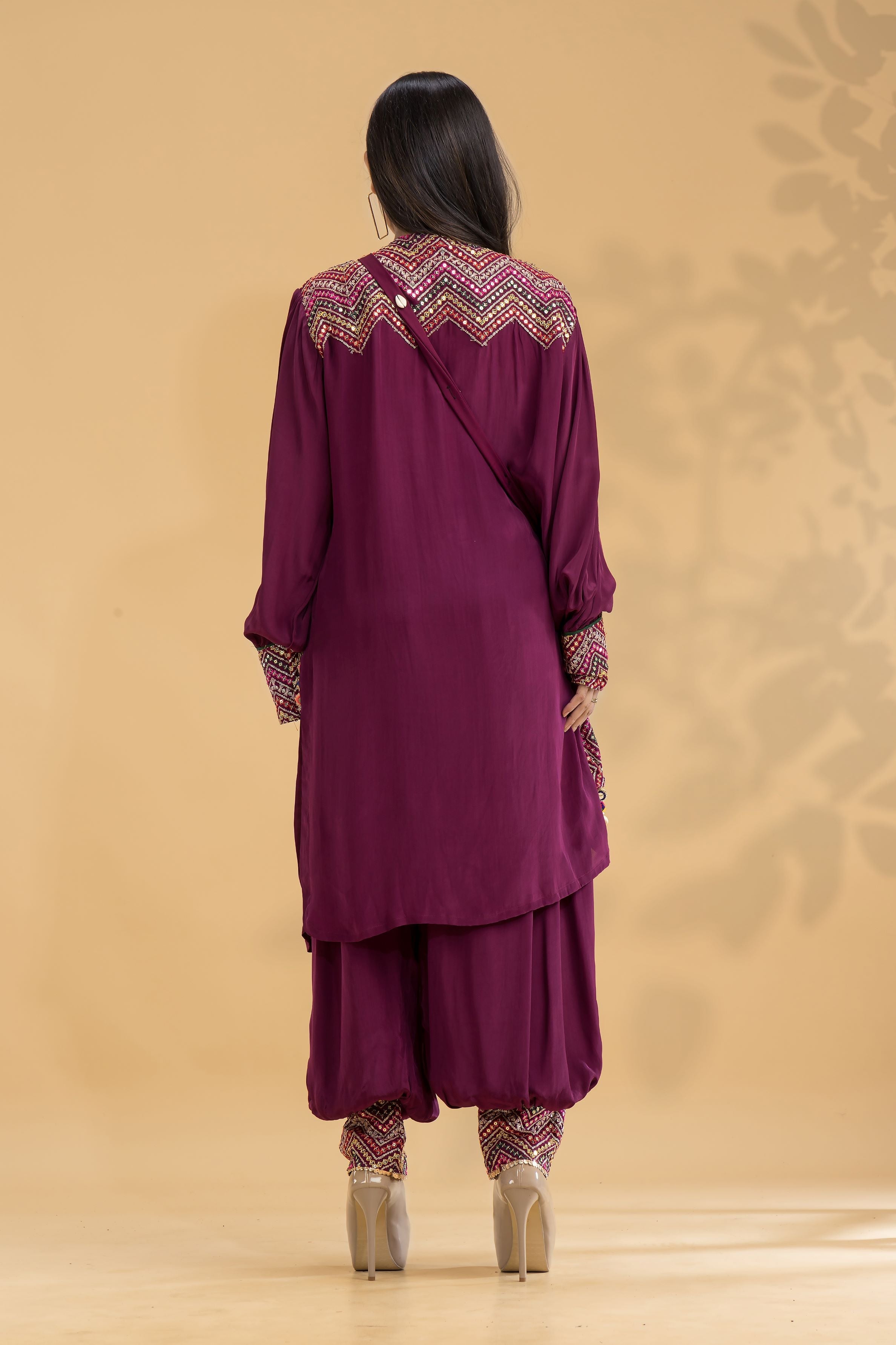 Wine Embroidered Muslin Silk Patiala Pants Set