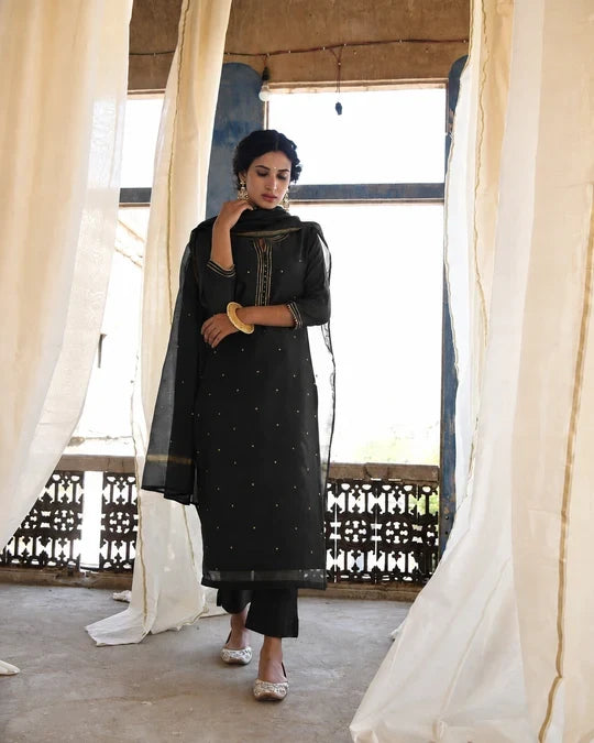Black Embellished Mul Chanderi Silk Pant Set