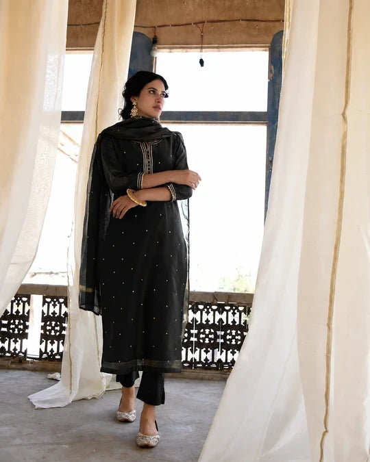Black Embellished Mul Chanderi Silk Pant Set