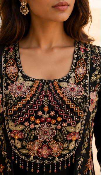 Dark Caviar Embellished Crepe Silk Palazzo Set