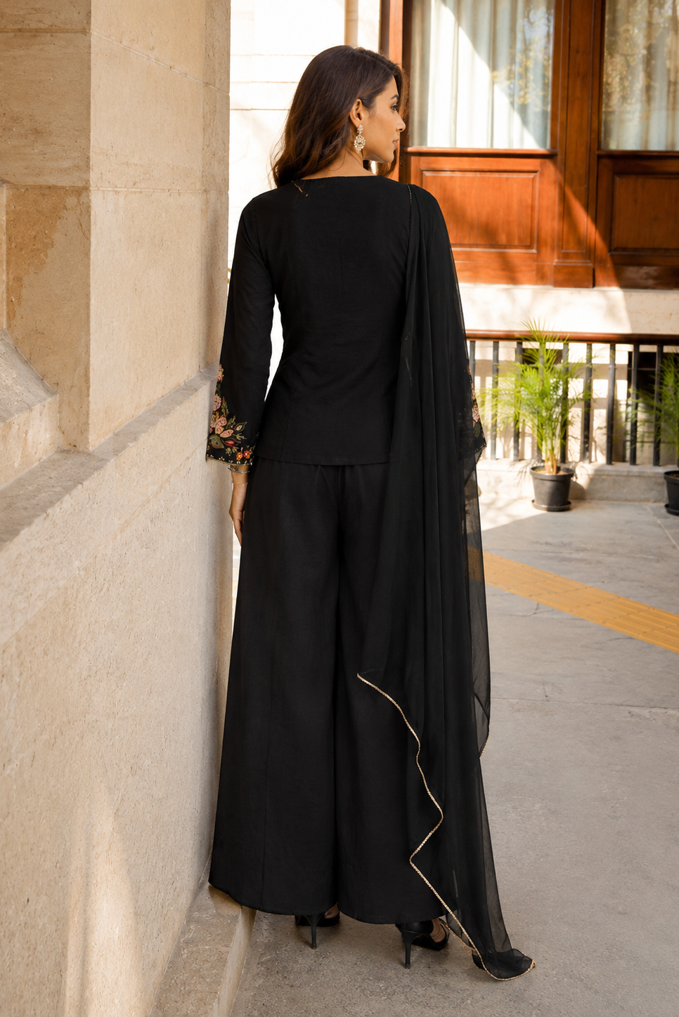 Dark Caviar Embellished Crepe Silk Palazzo Set