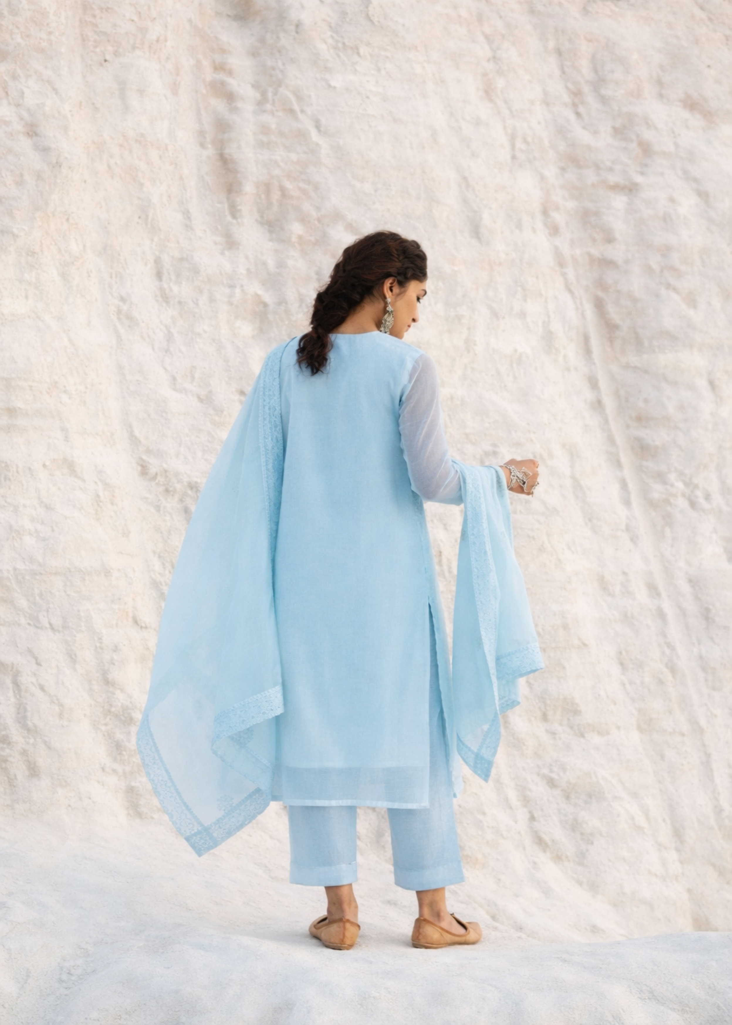 Sky Blue Chikankari Mul-Chanderi Silk Pant Set