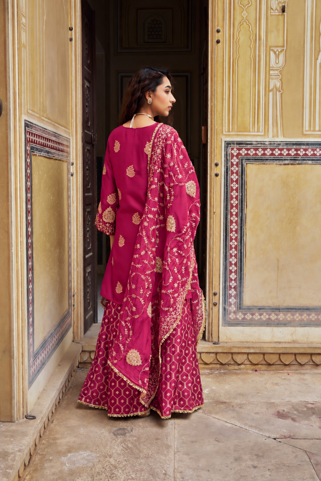 Magenta Pink Woven Banarsi Silk Sharara Set