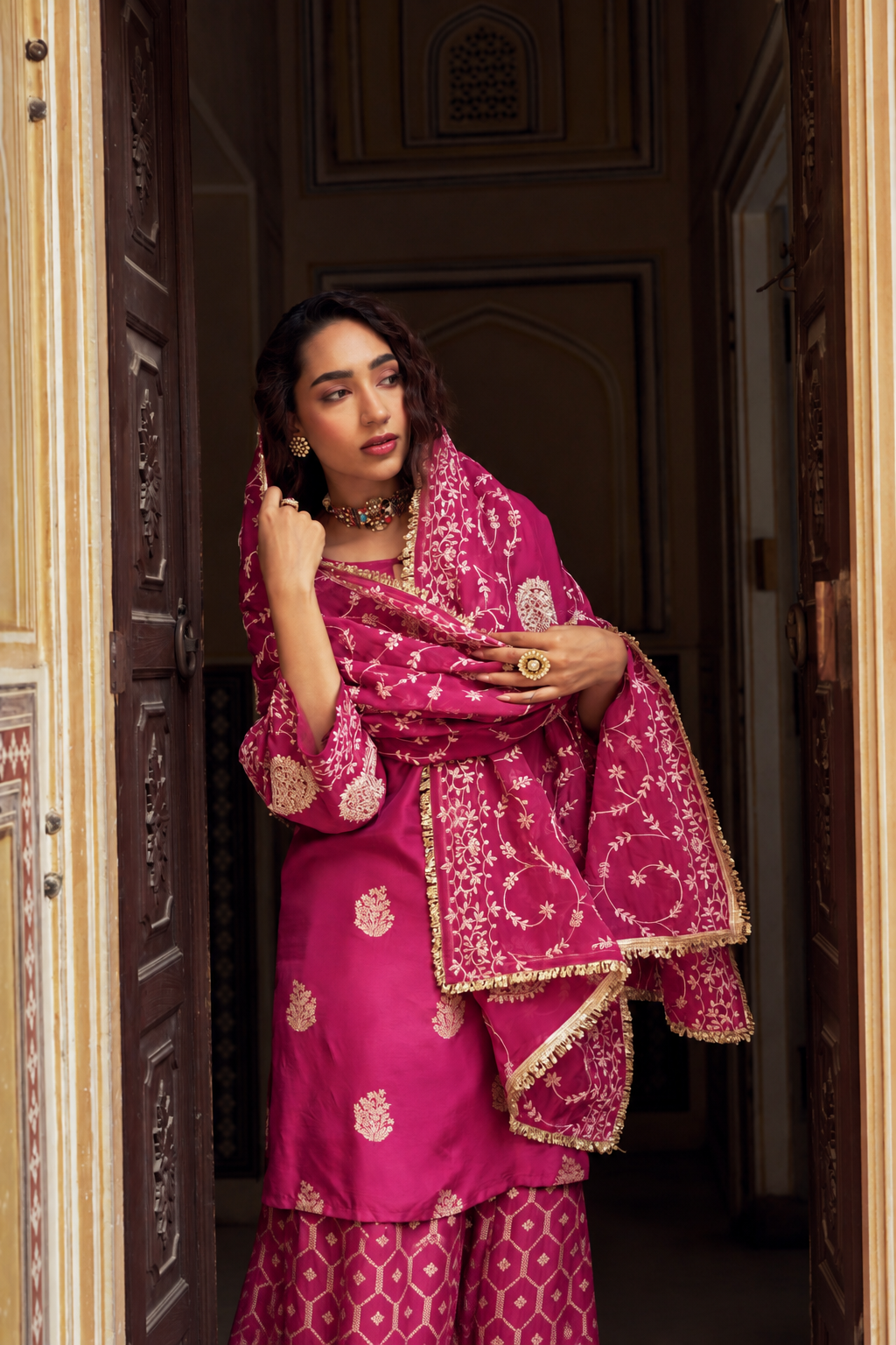 Pink Embellished Pure Banarasi Sharara Set