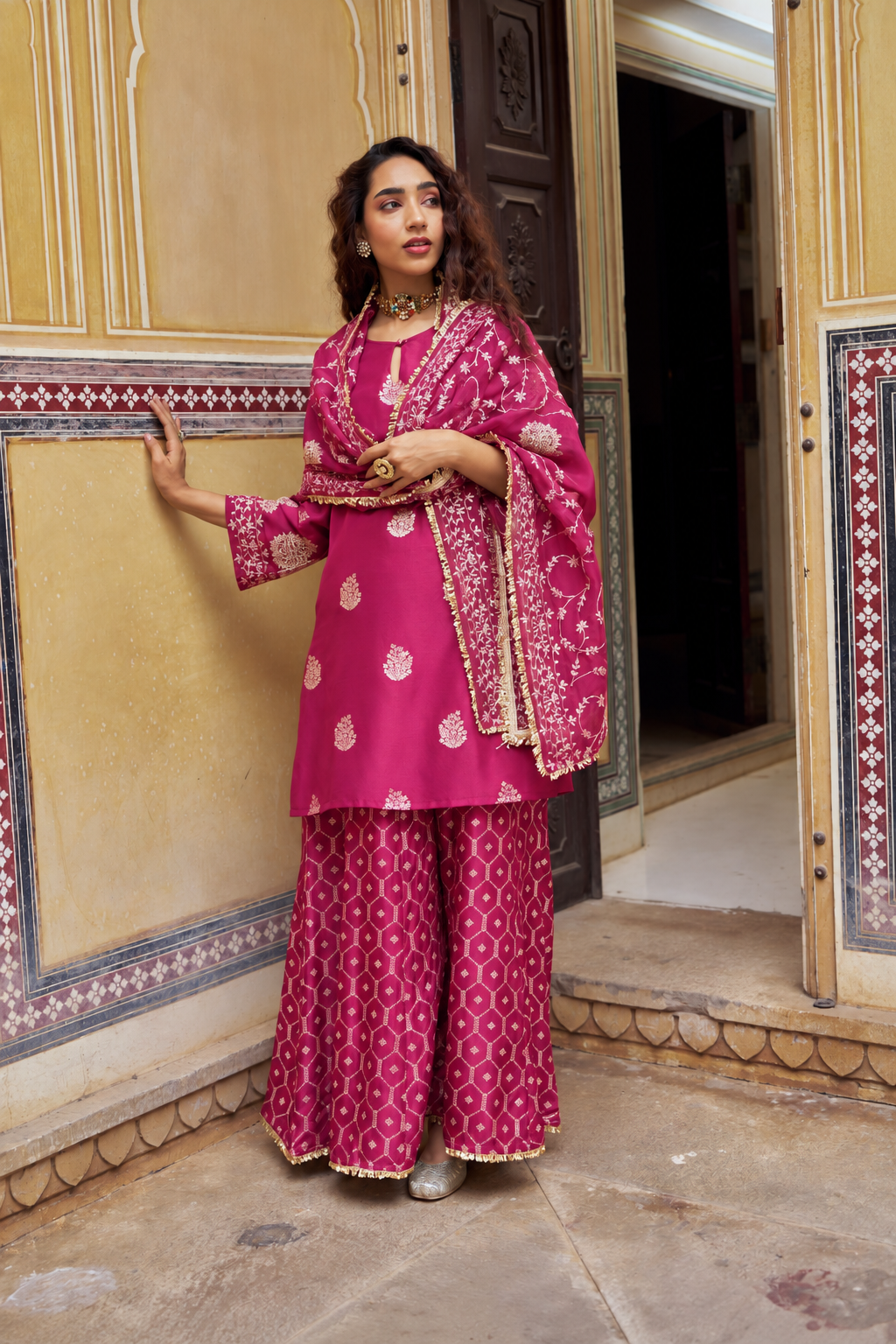 Pink Embellished Pure Banarasi Sharara Set