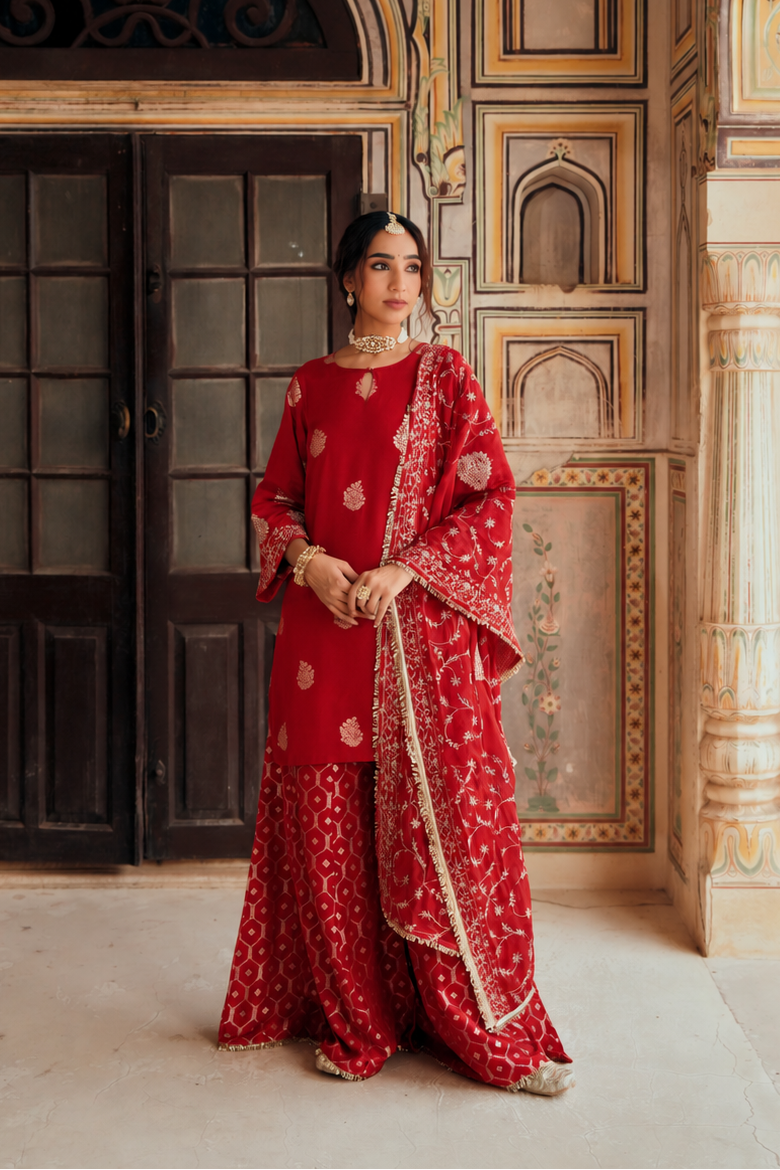 Crimson Red Woven Banarsi Silk Sharara Set