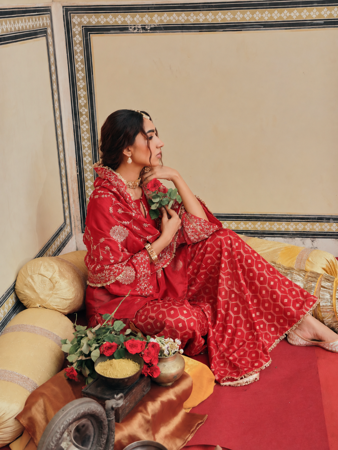 Red Embellished Pure Banarasi Sharara Set