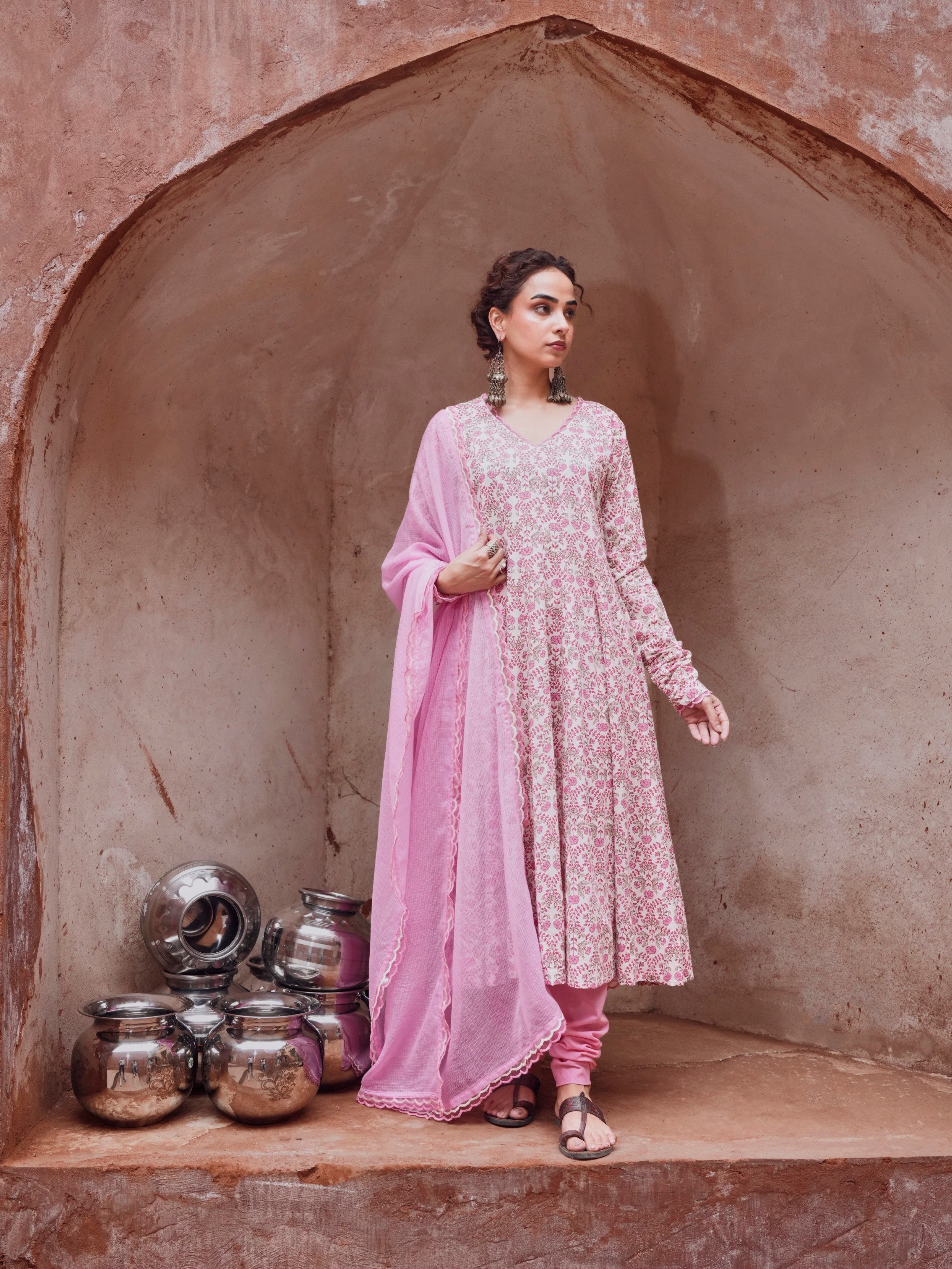 Pink Cotton Floral Anarkali Set
