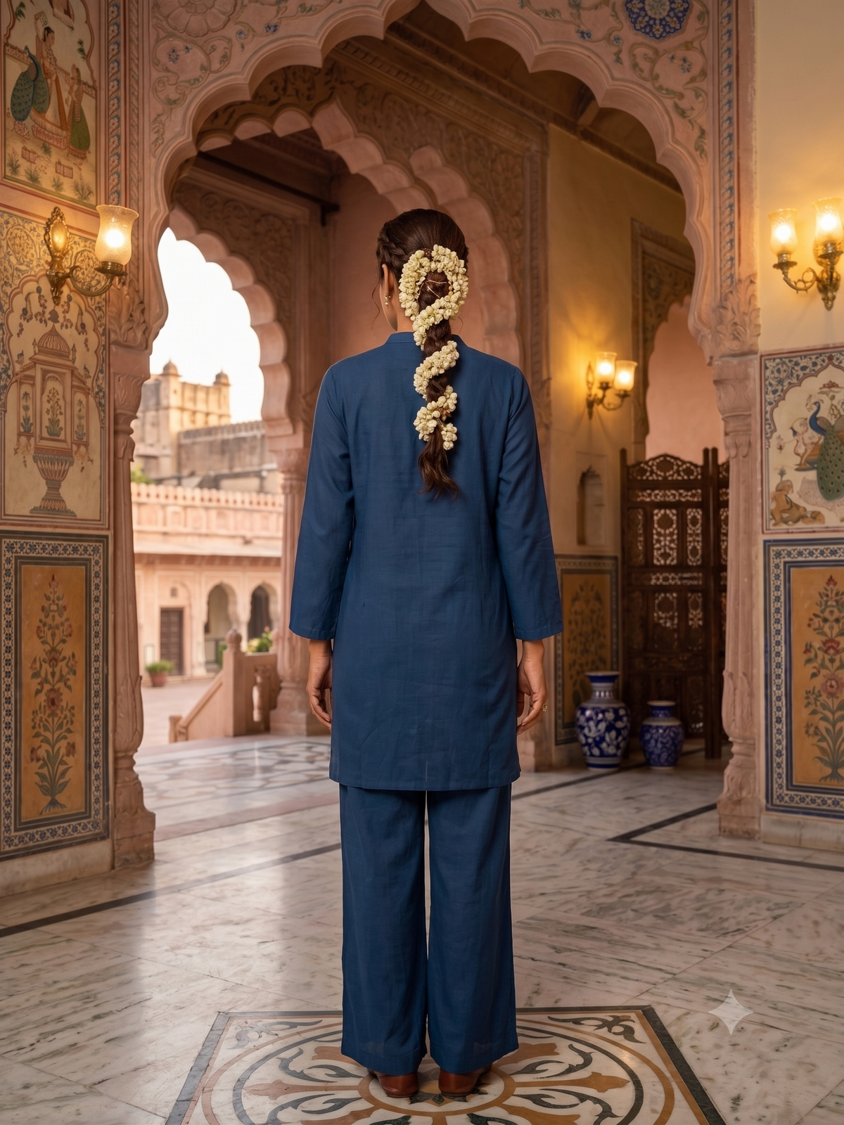 Slate Blue Embroidered Mul Chanderi Silk Kurta Set