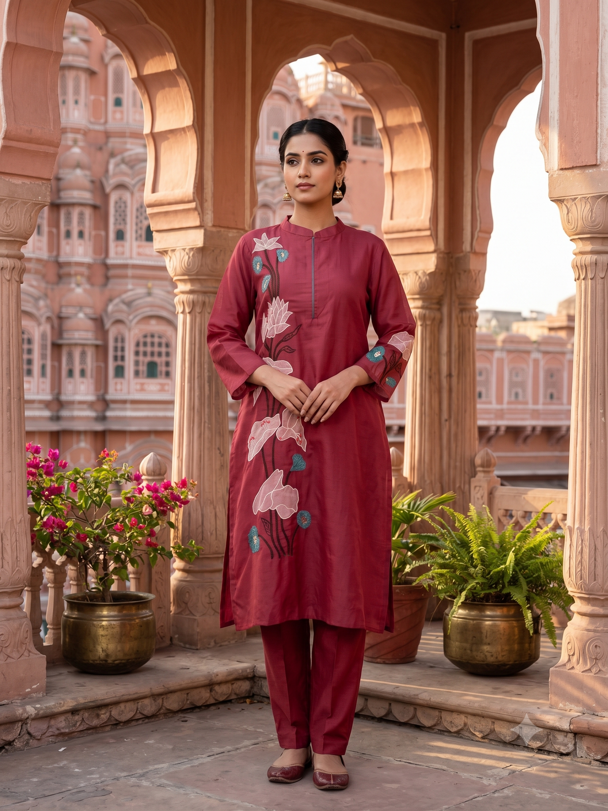Maroon Embroidered Mul Chanderi Silk Kurta Set