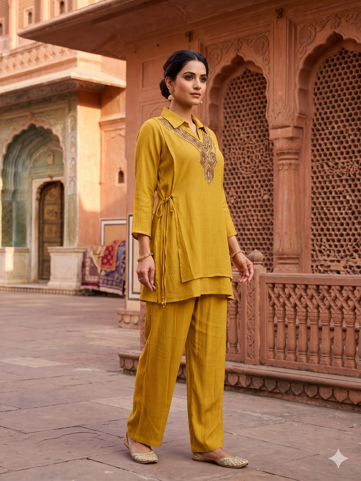 Mustard Yellow Embellished Chiffon Silk  Co-ord Set