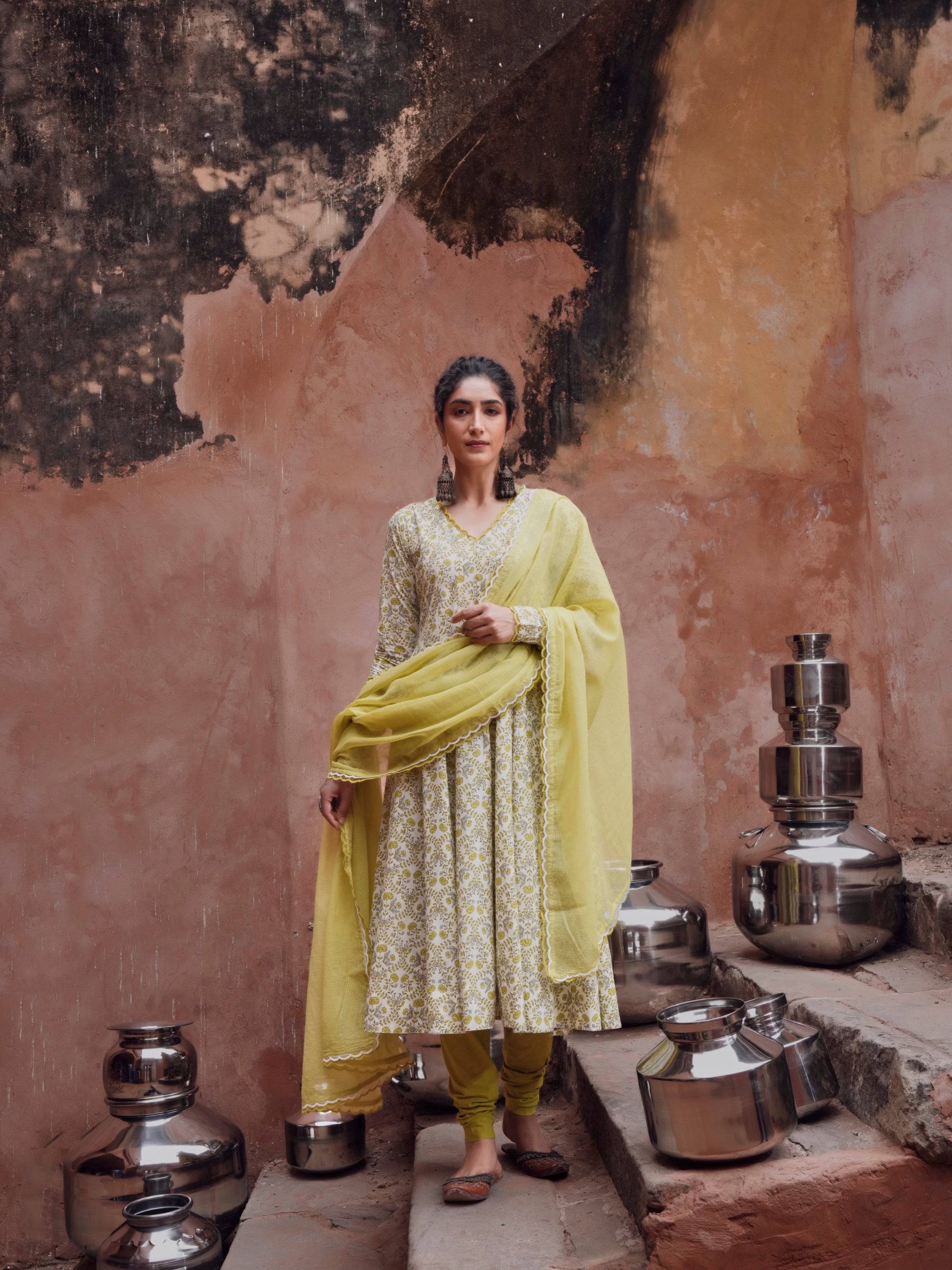 Lime Green Cotton Floral Anarkali Set