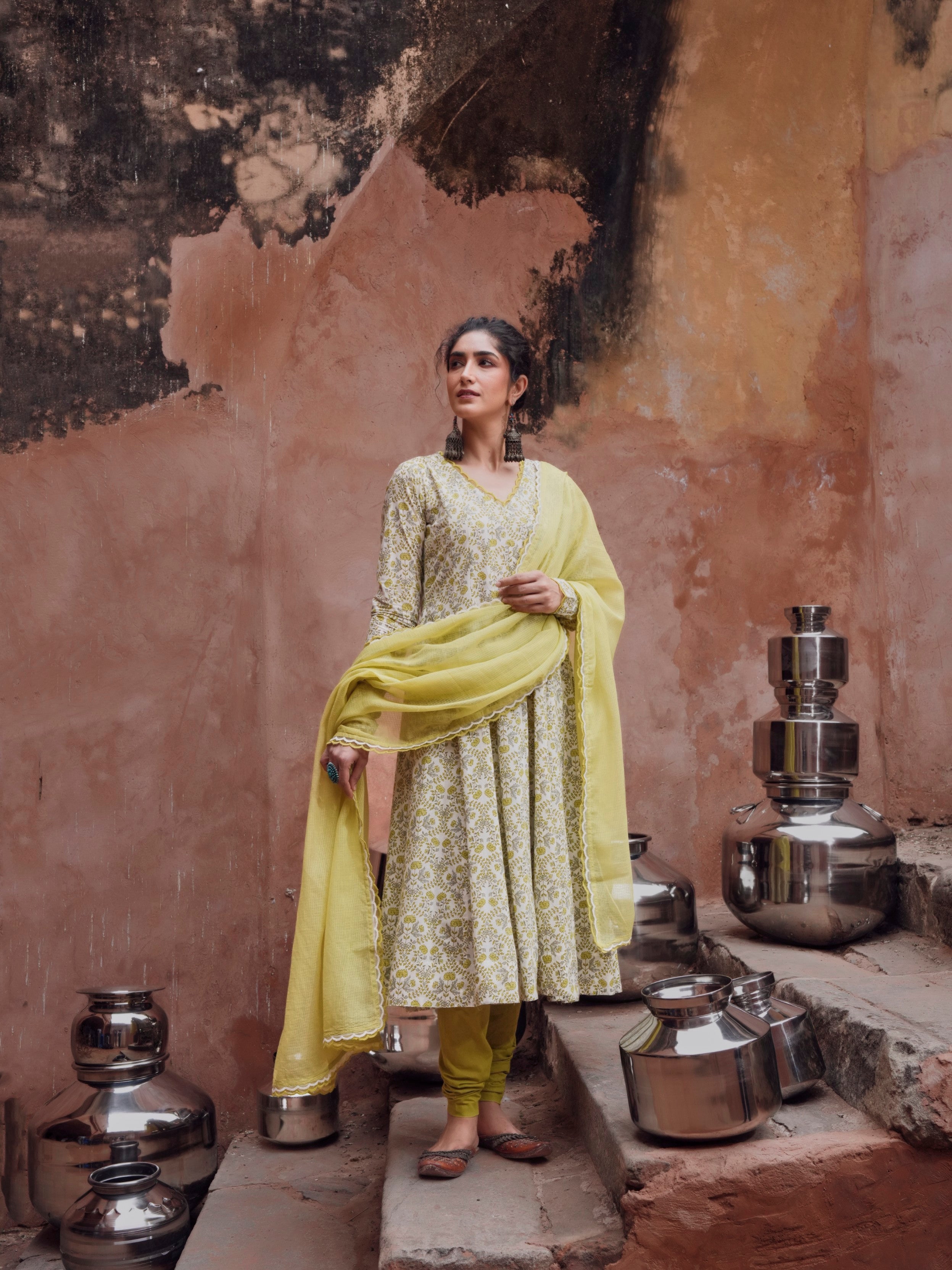 Lime Green Cotton Floral Anarkali Set