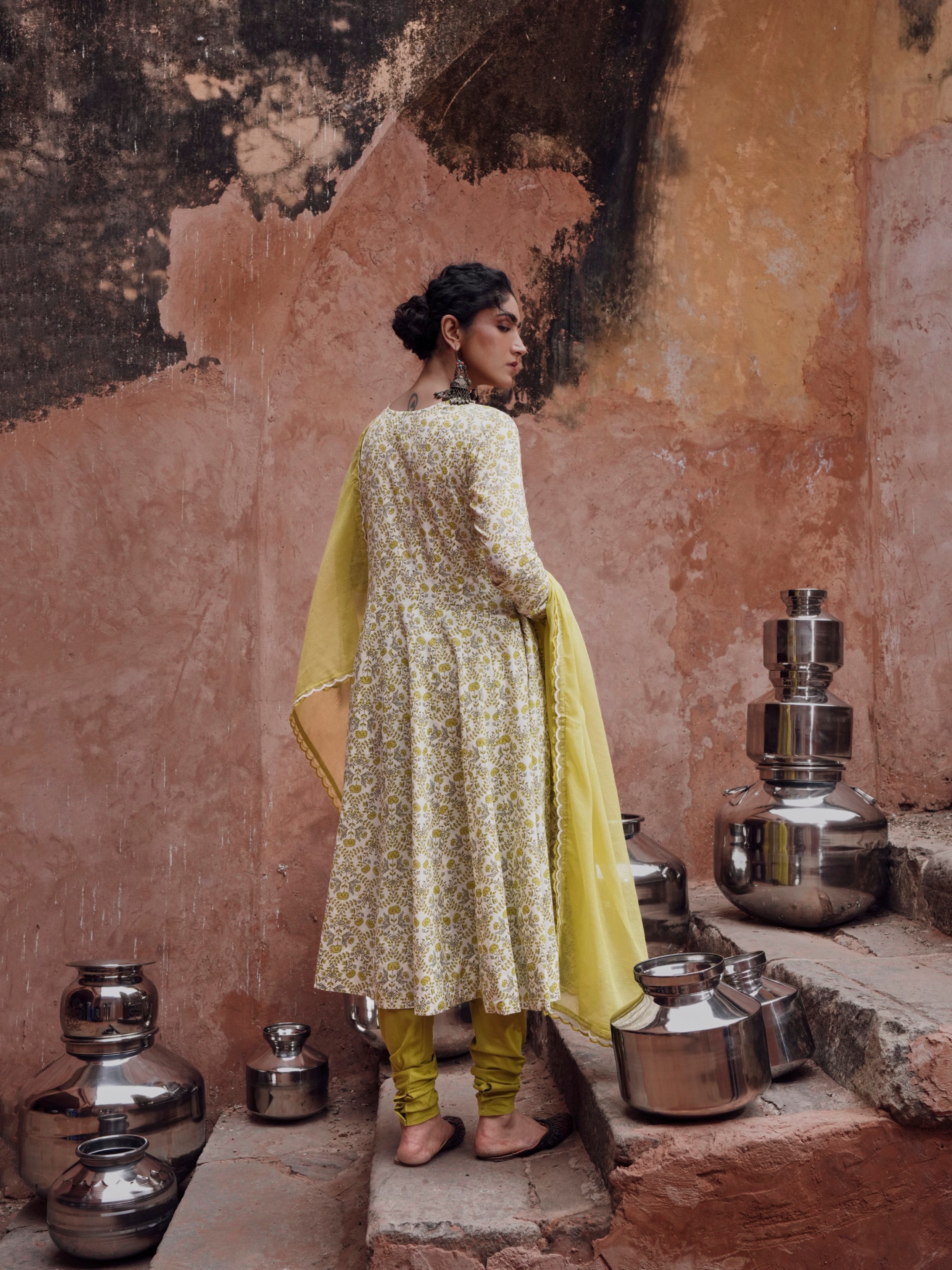 Lime Green Cotton Floral Anarkali Set