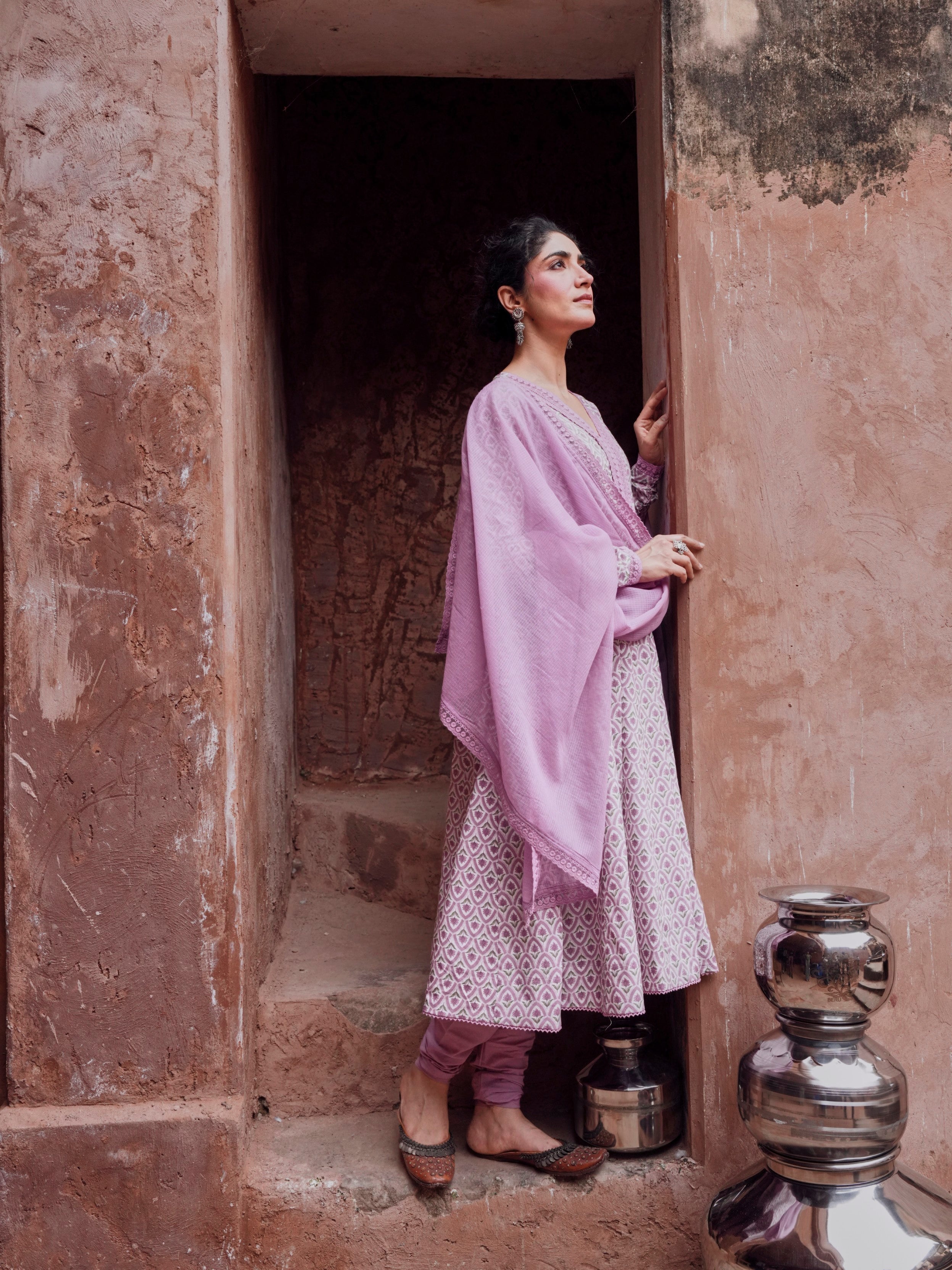 Light Purple Printed Cotton Anarkali Set