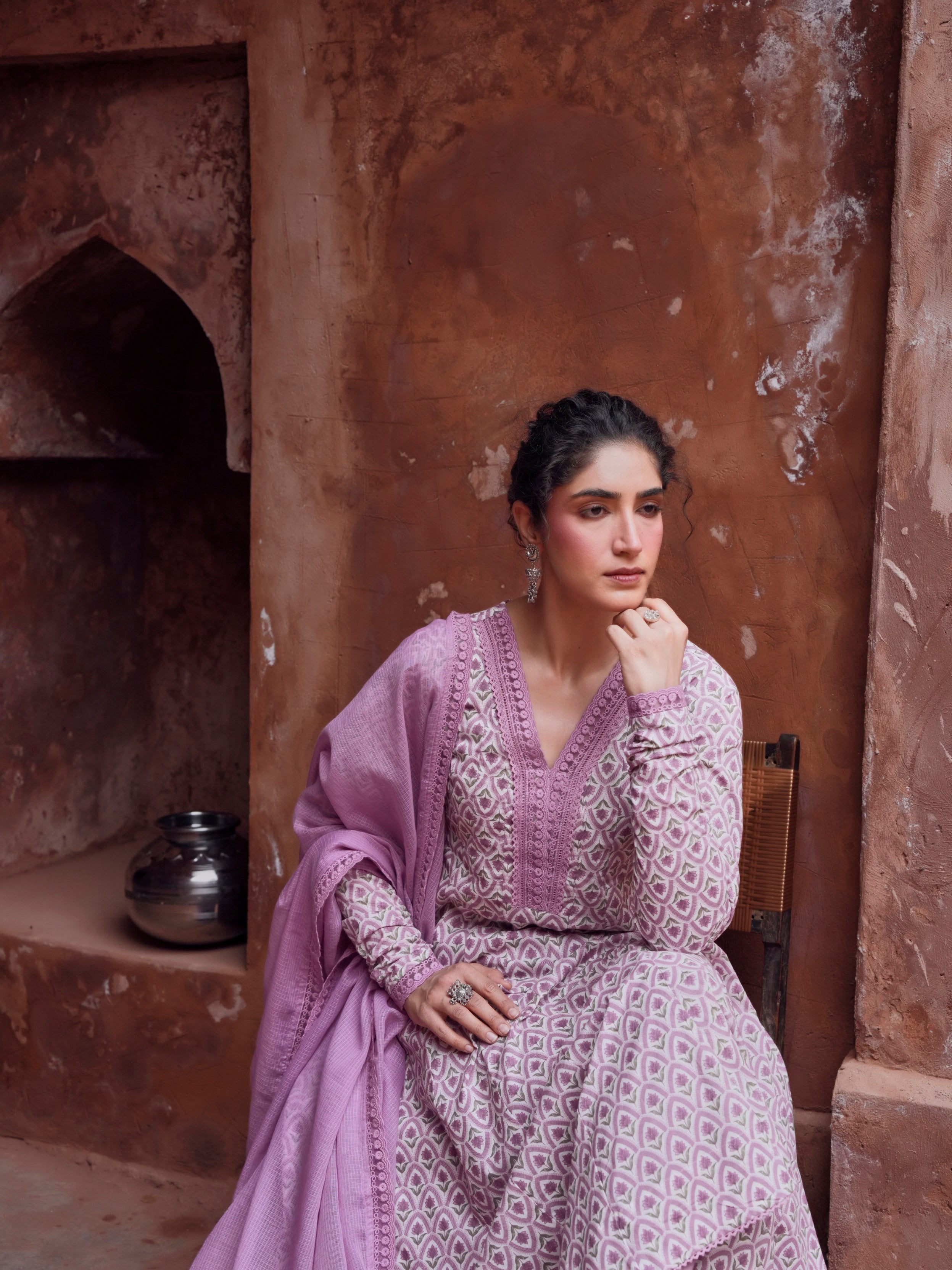 Light Purple Printed Cotton Anarkali Set