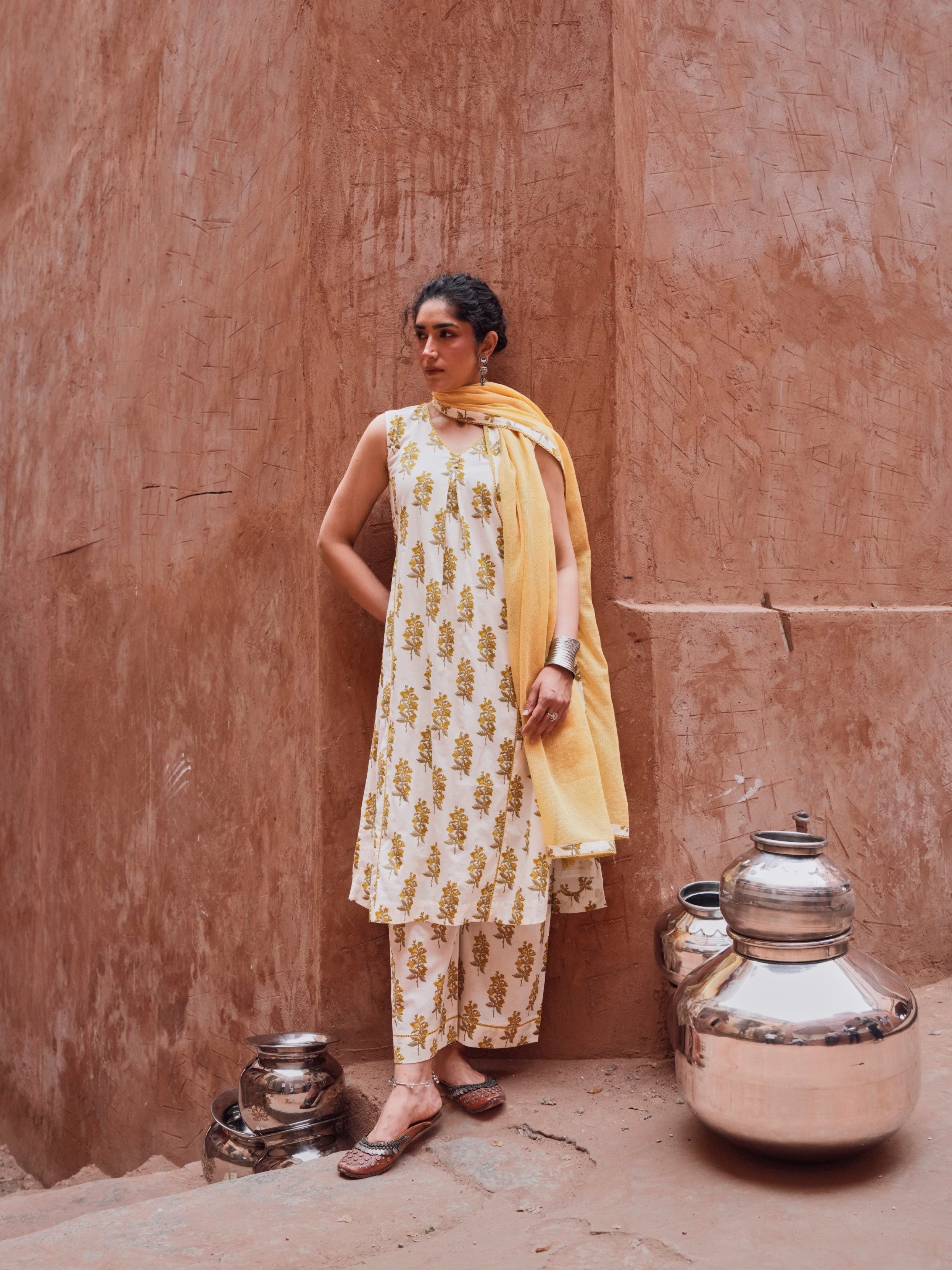 Off-White and Yellow Floral Pant Set
