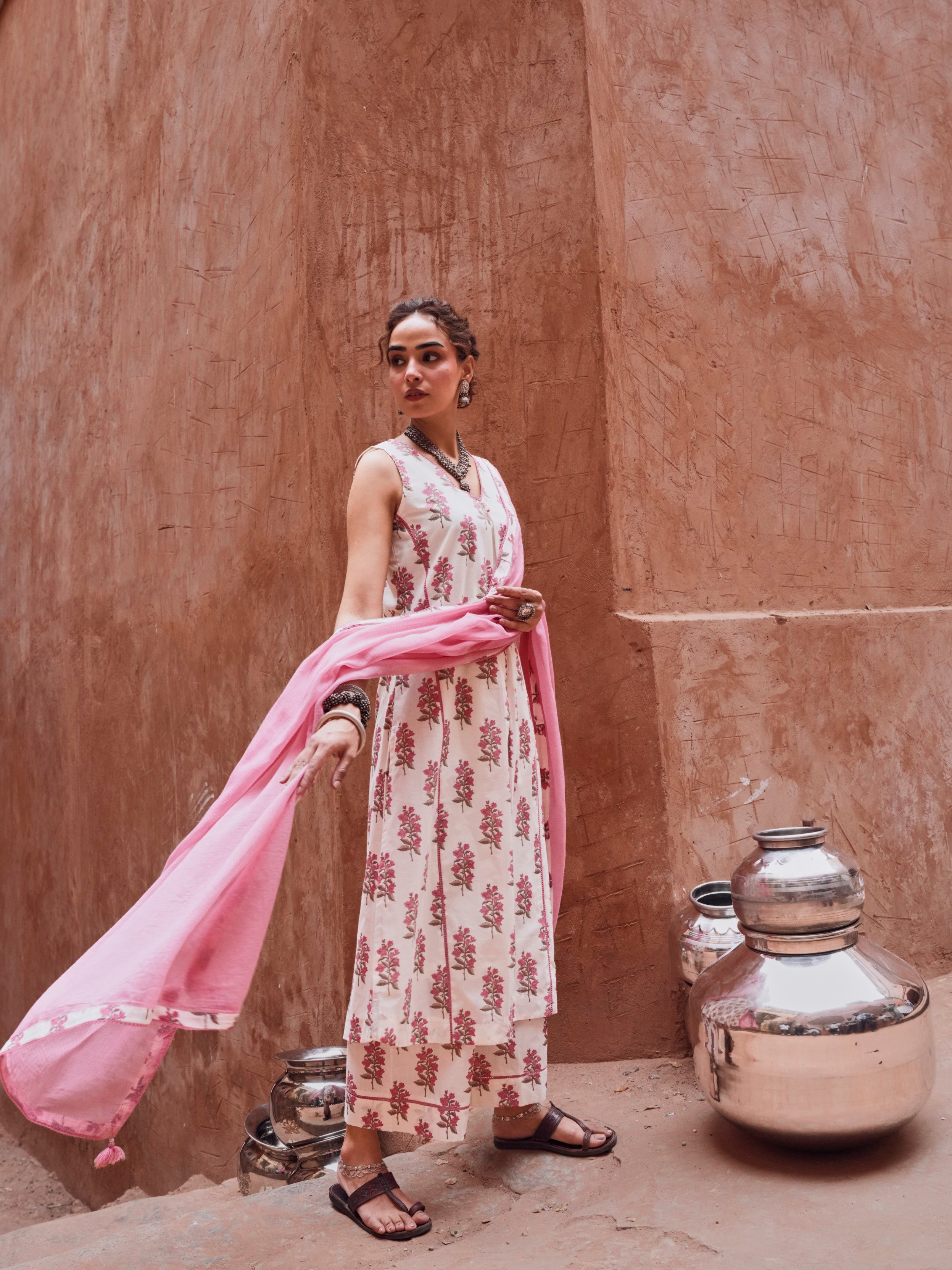 Off-White and Pink Floral Pant Set