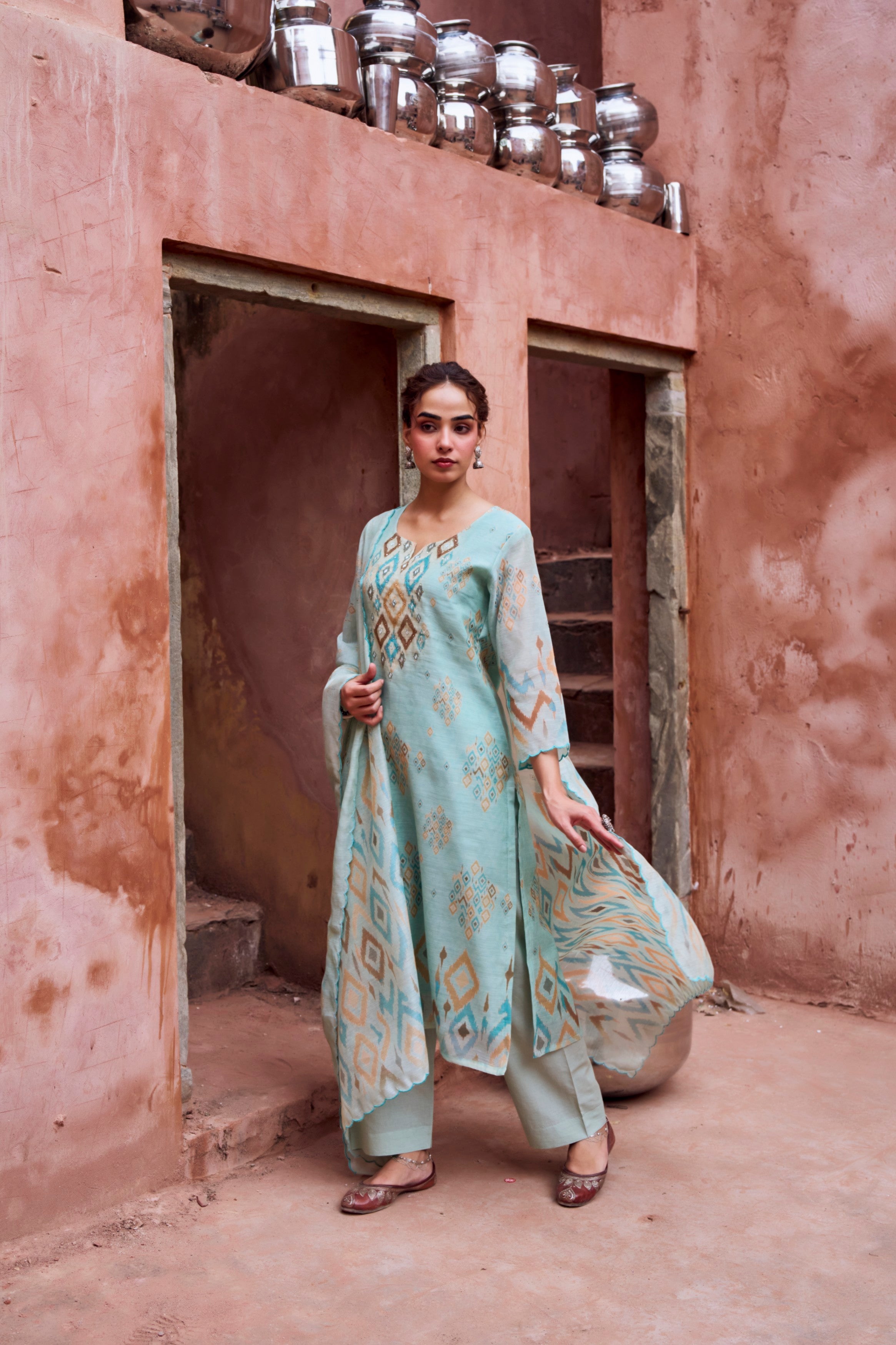 Mint Blue Chanderi Silk Pant Set