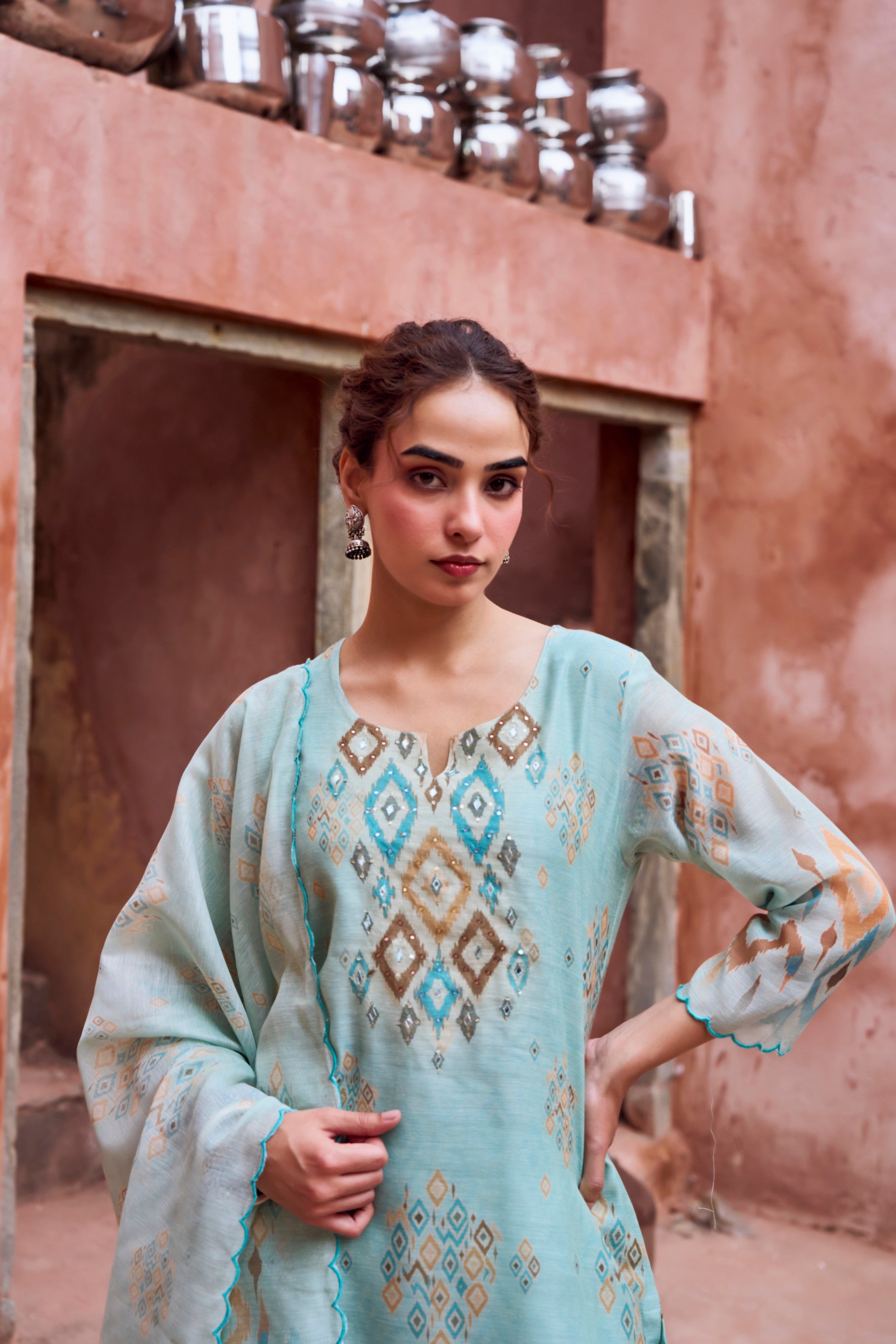 Mint Blue Chanderi Silk Pant Set