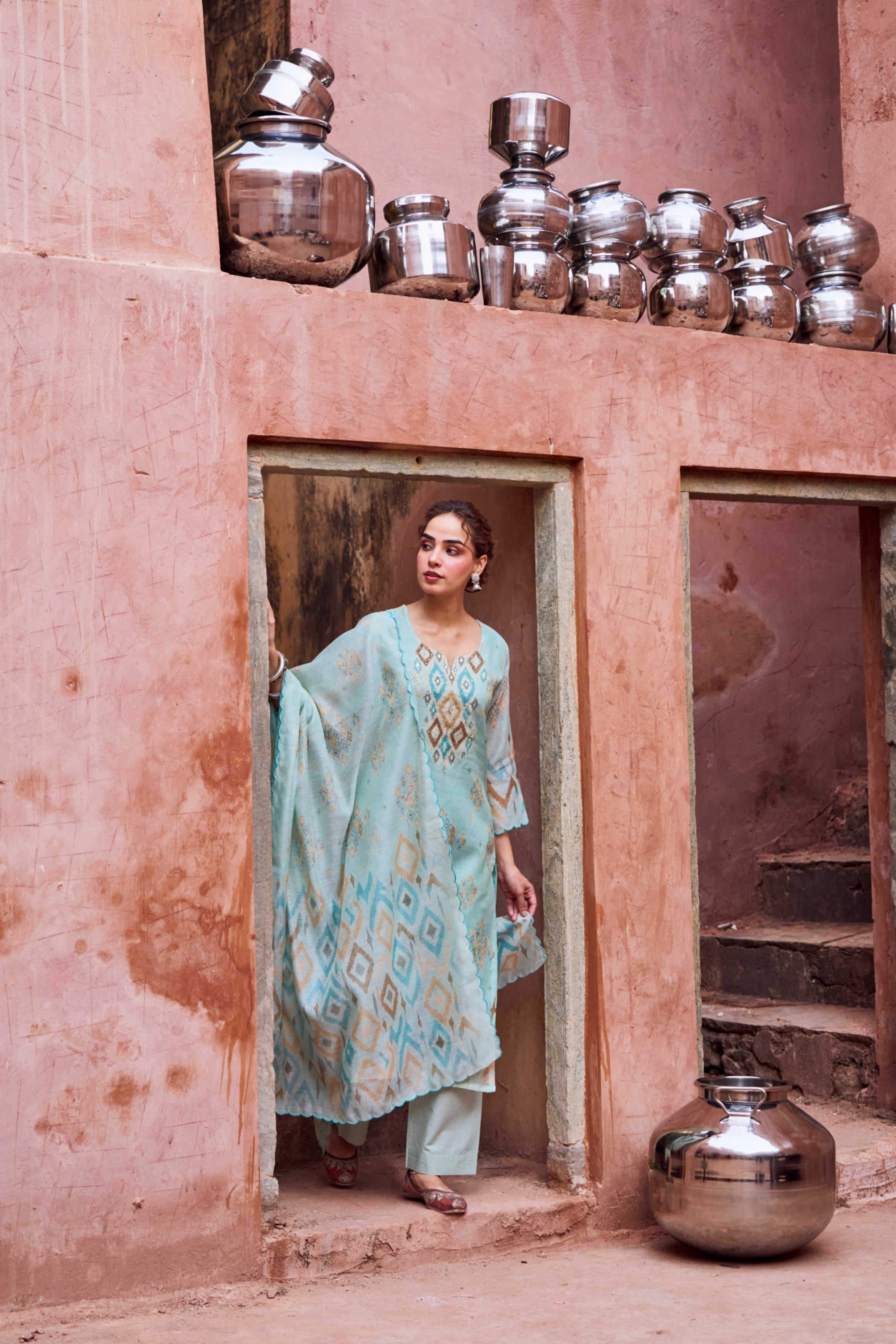 Mint Blue Chanderi Silk Pant Set