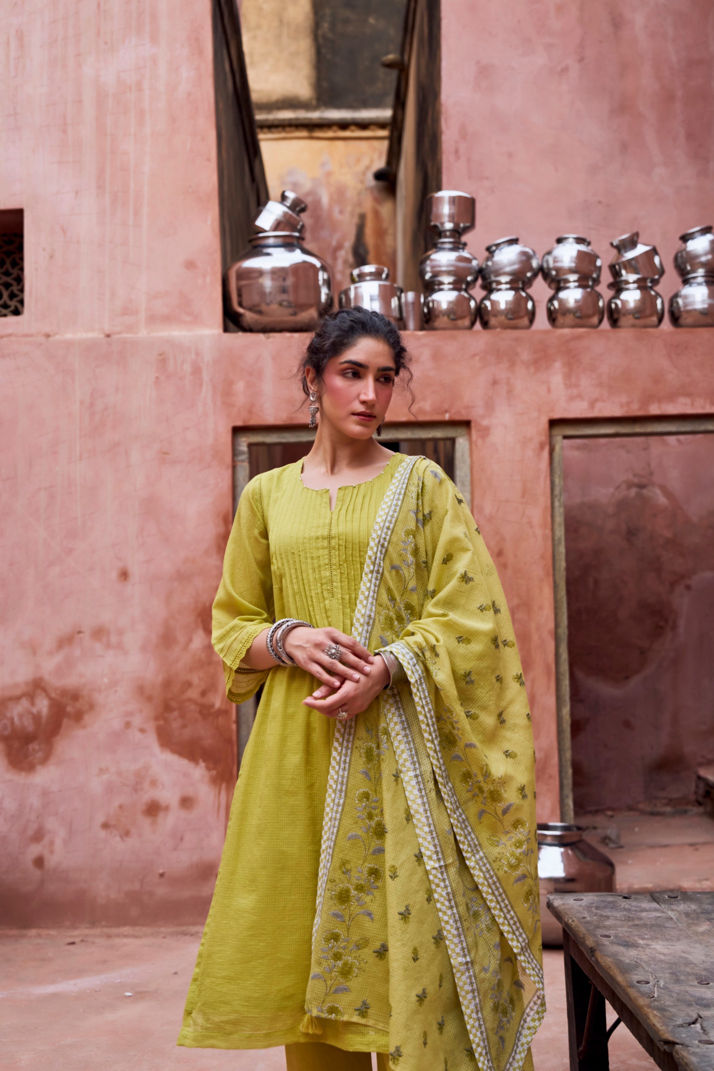 Lime Green Kota Doria Pant Set