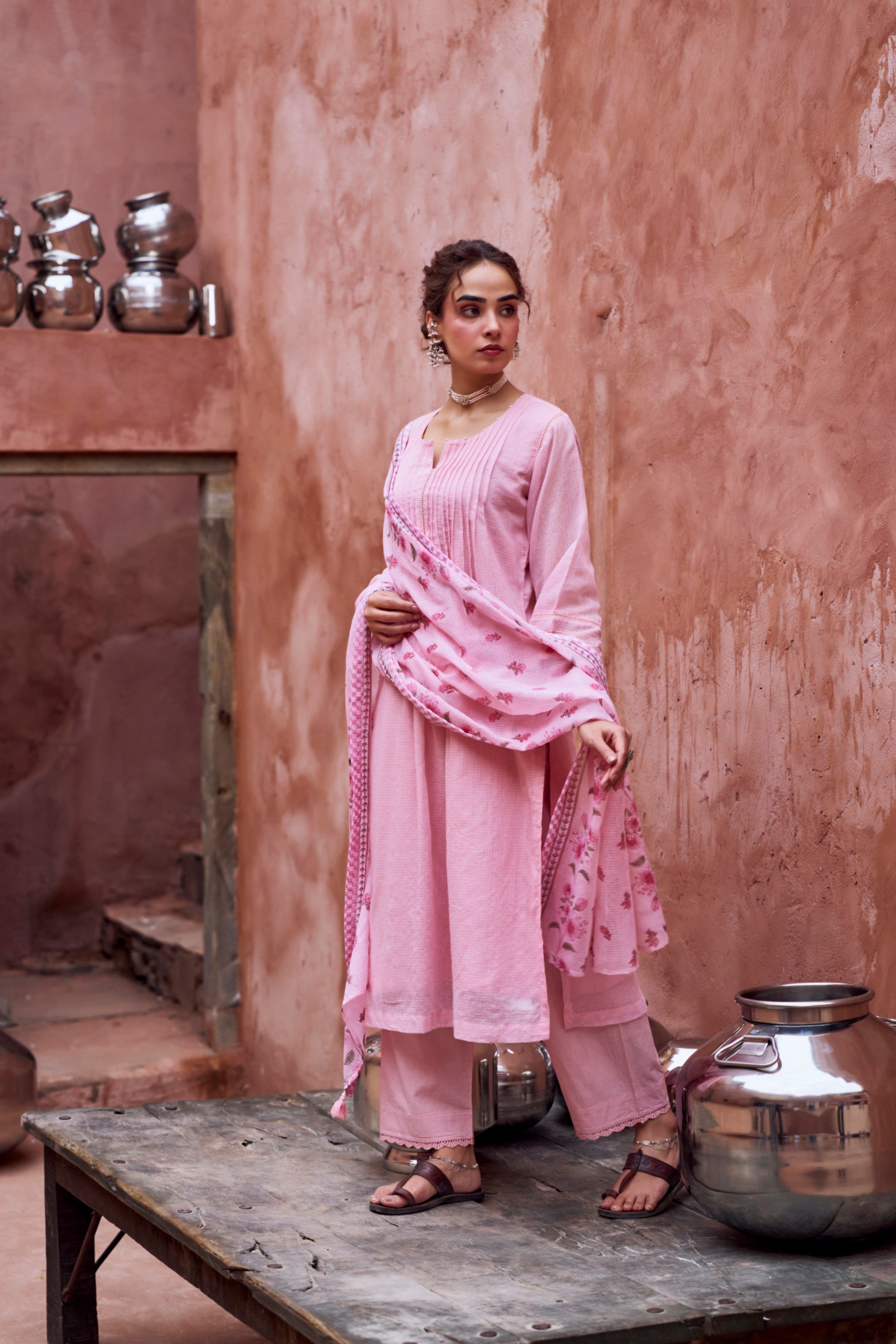 Soft Pink Kota Doria Pant Set