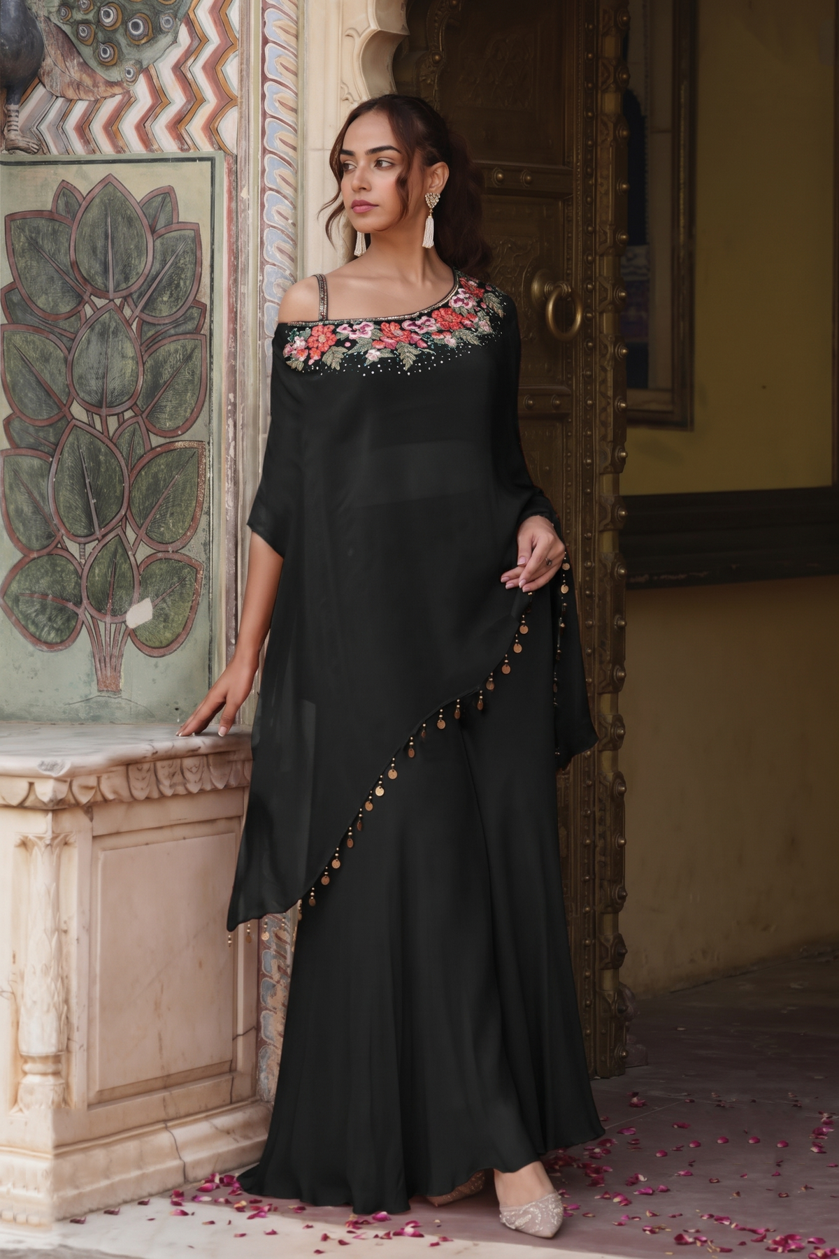 Chic Black Embroidered Crepe Silk Palazzo Set