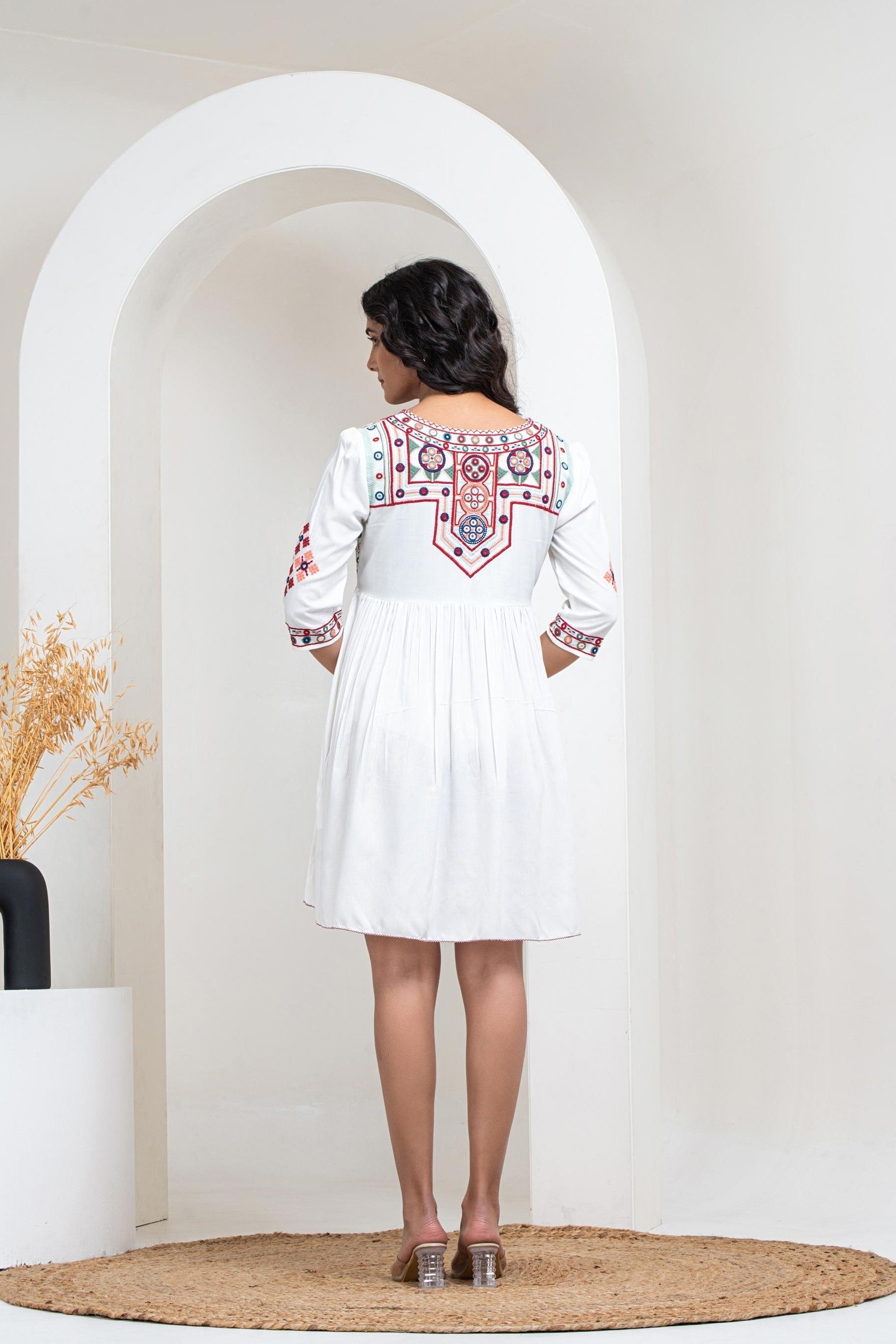 White Mirror Embroidered Cotton Silk Dress