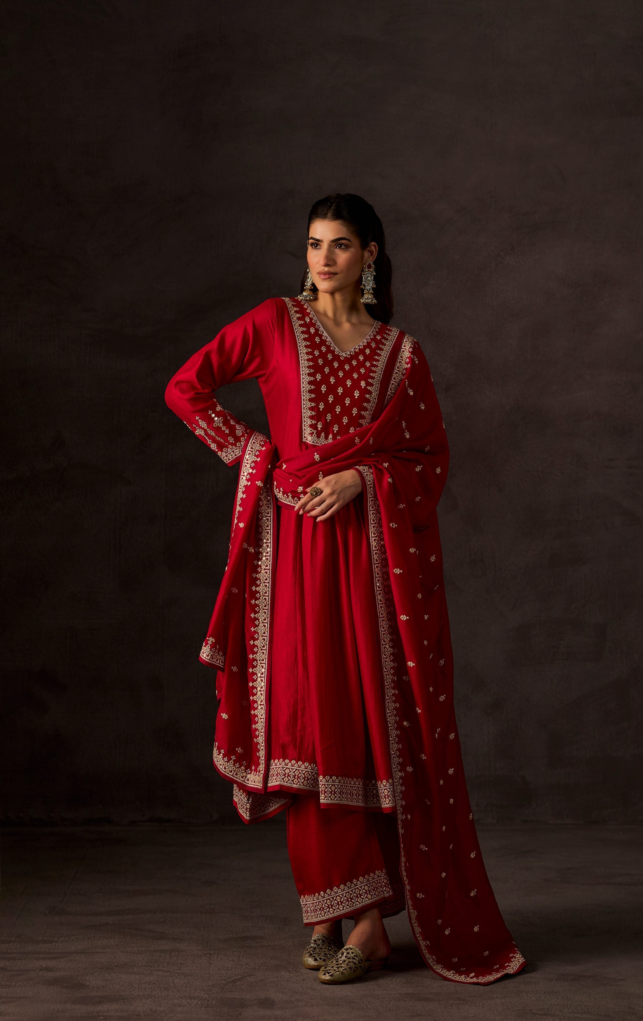Red Embellished Raw Silk Anarkali Set