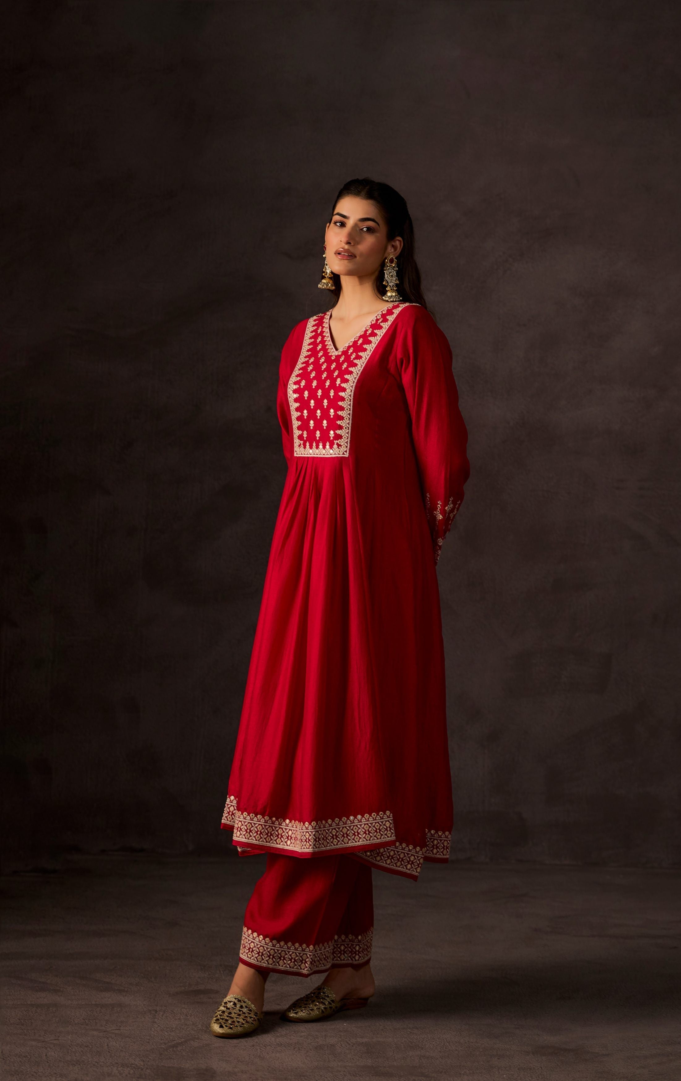 Red Embellished Raw Silk Anarkali Set