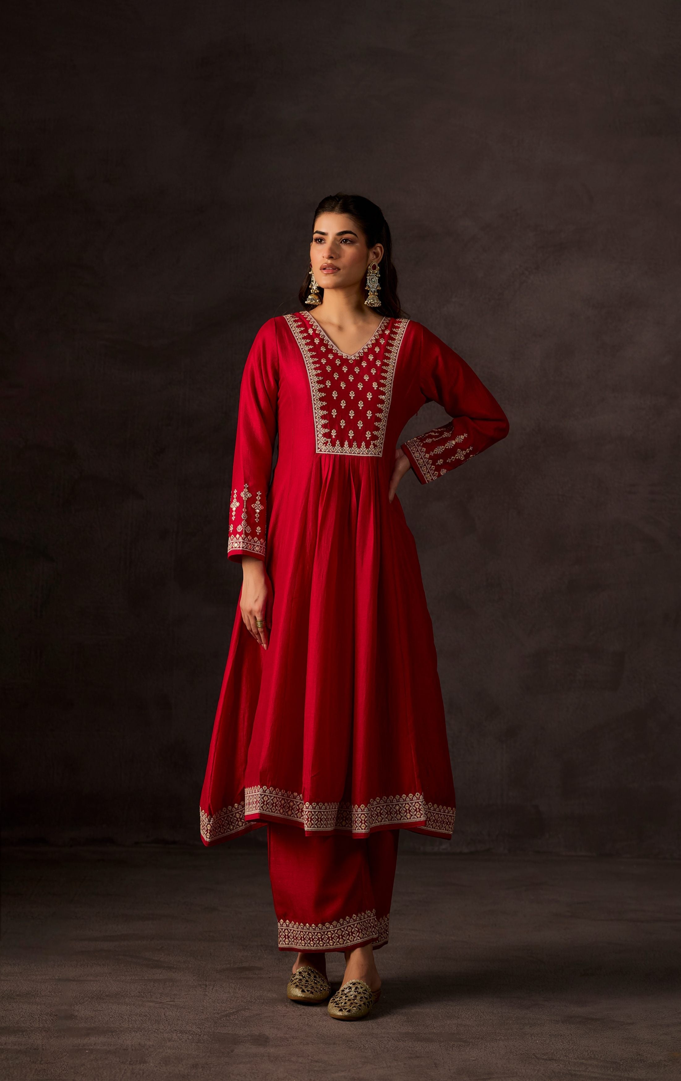 Red Embellished Raw Silk Anarkali Set