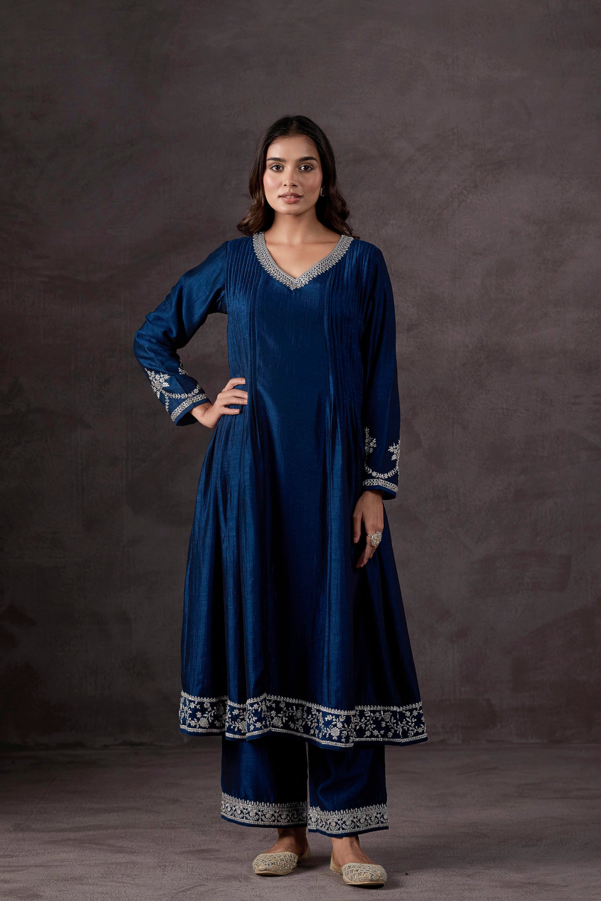 Teal Blue Embellished Raw Silk Anarkali Set
