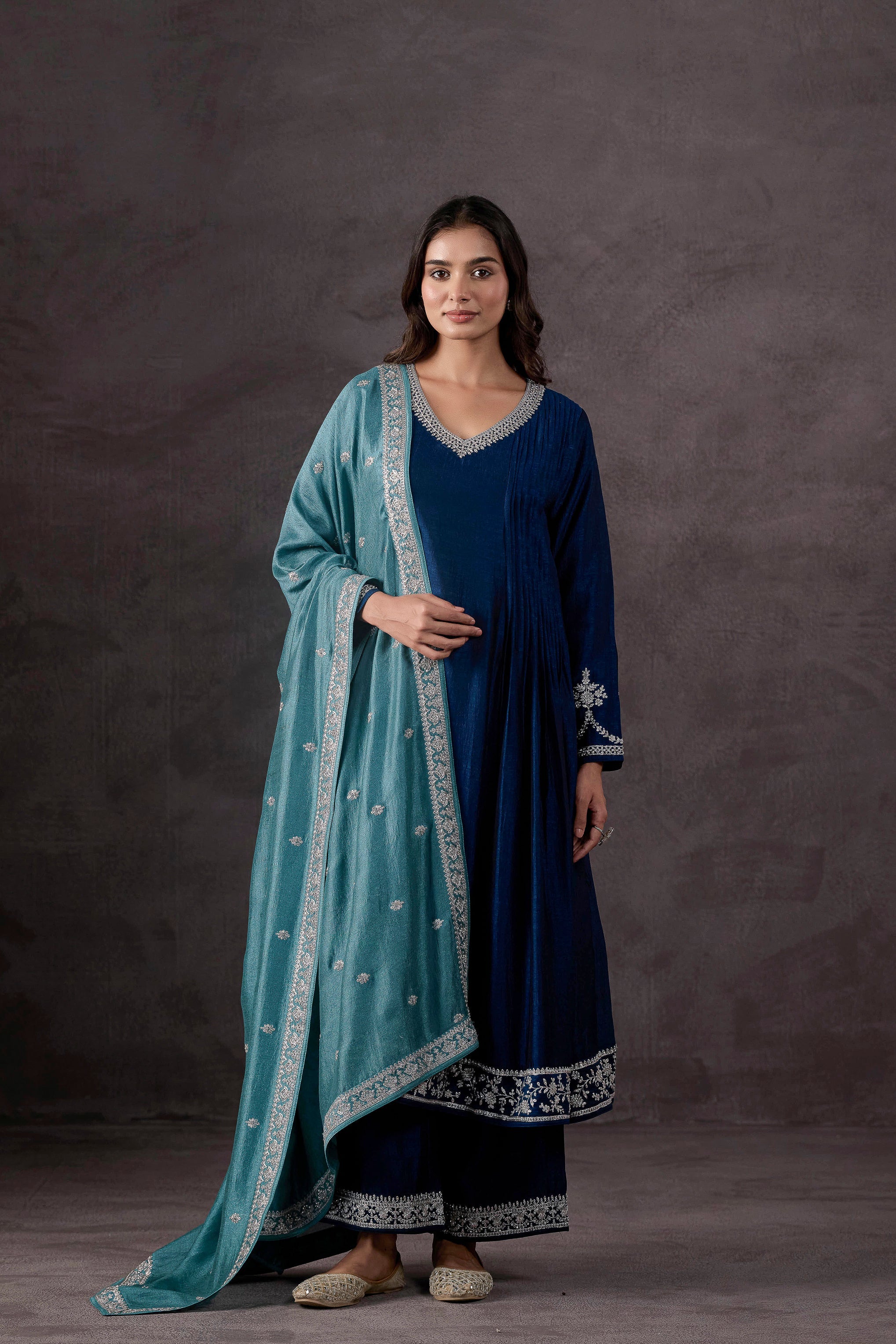 Teal Blue Embellished Raw Silk Anarkali Set
