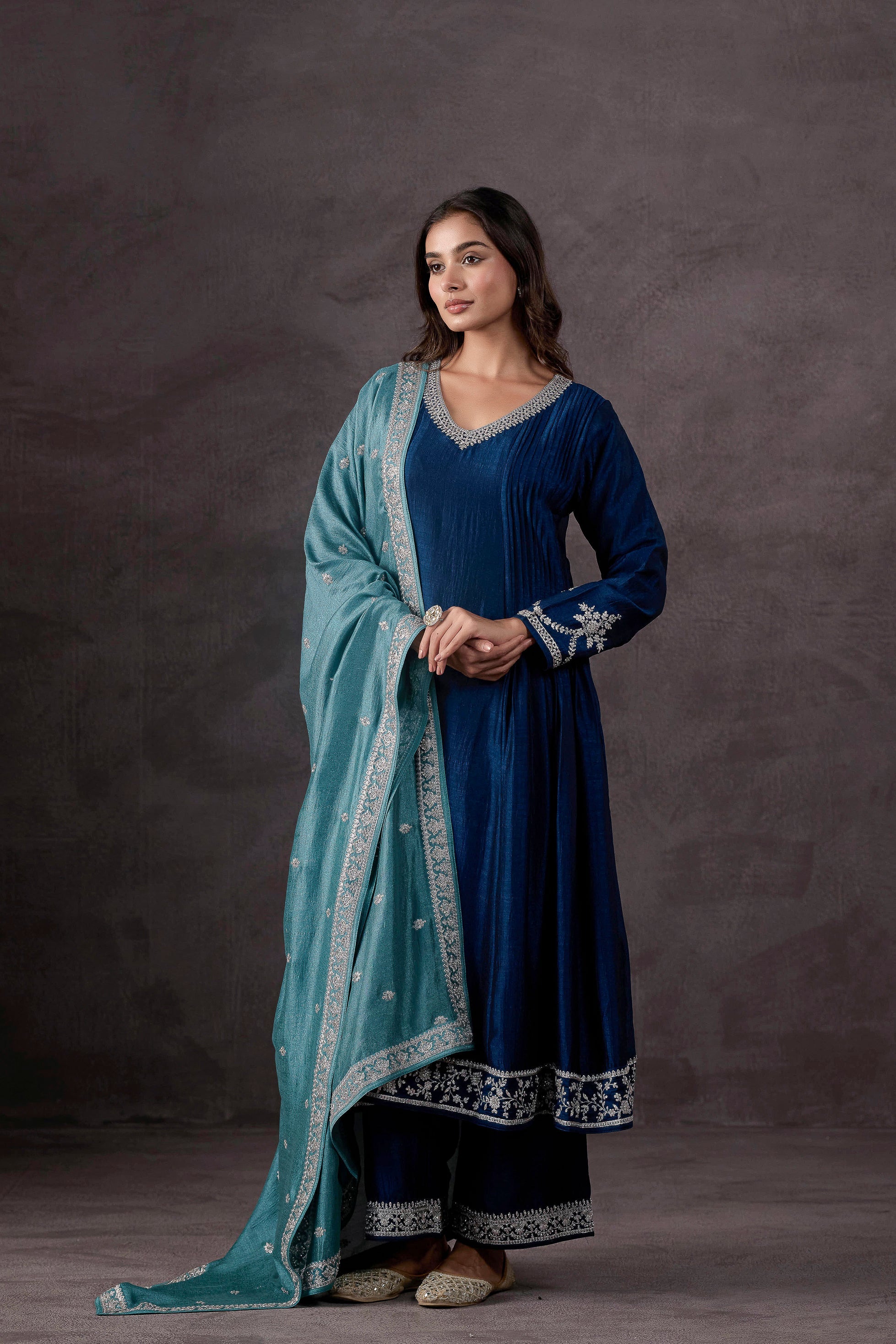Teal Blue Embellished Raw Silk Anarkali Set