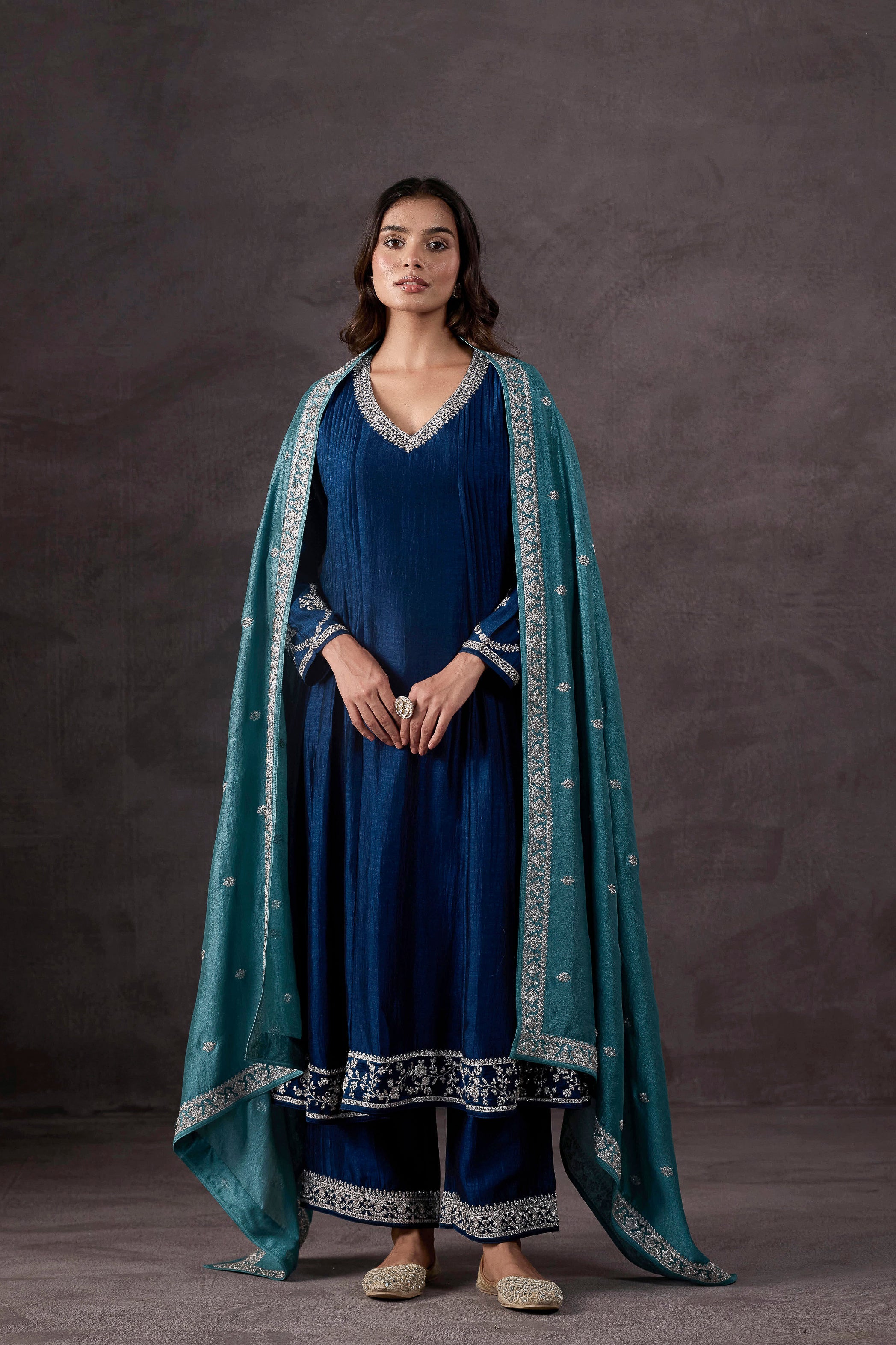 Teal Blue Embellished Raw Silk Anarkali Set