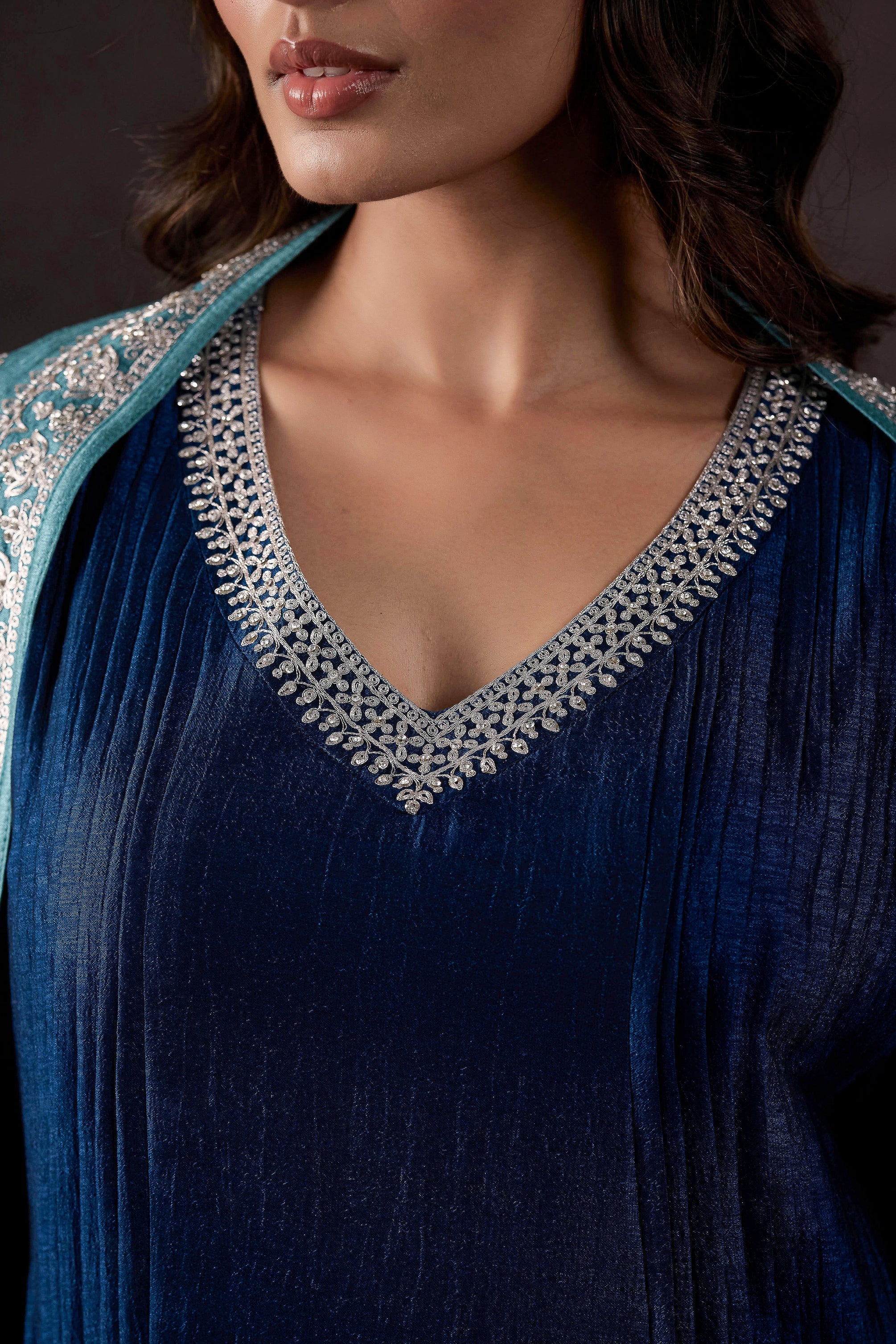 Teal Blue Embellished Raw Silk Anarkali Set