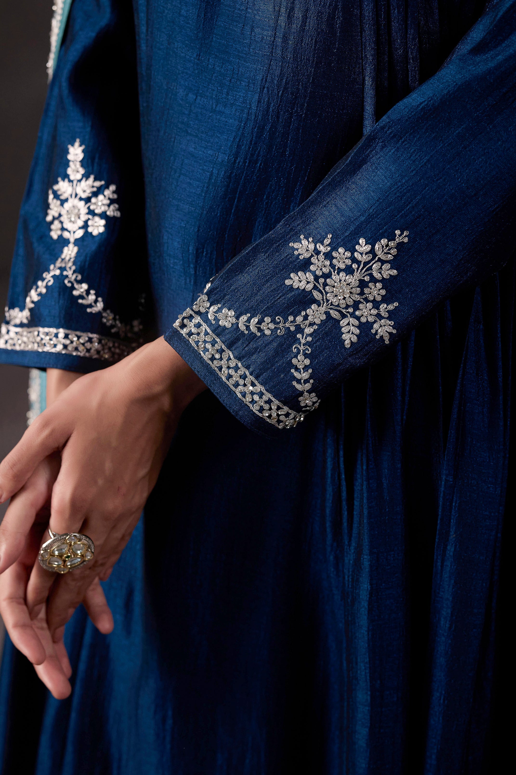 Teal Blue Embellished Raw Silk Anarkali Set
