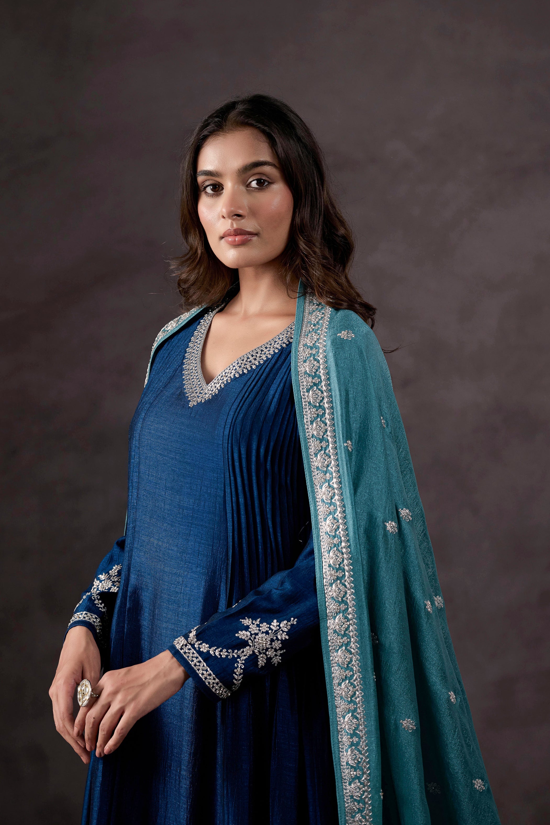 Teal Blue Embellished Raw Silk Anarkali Set