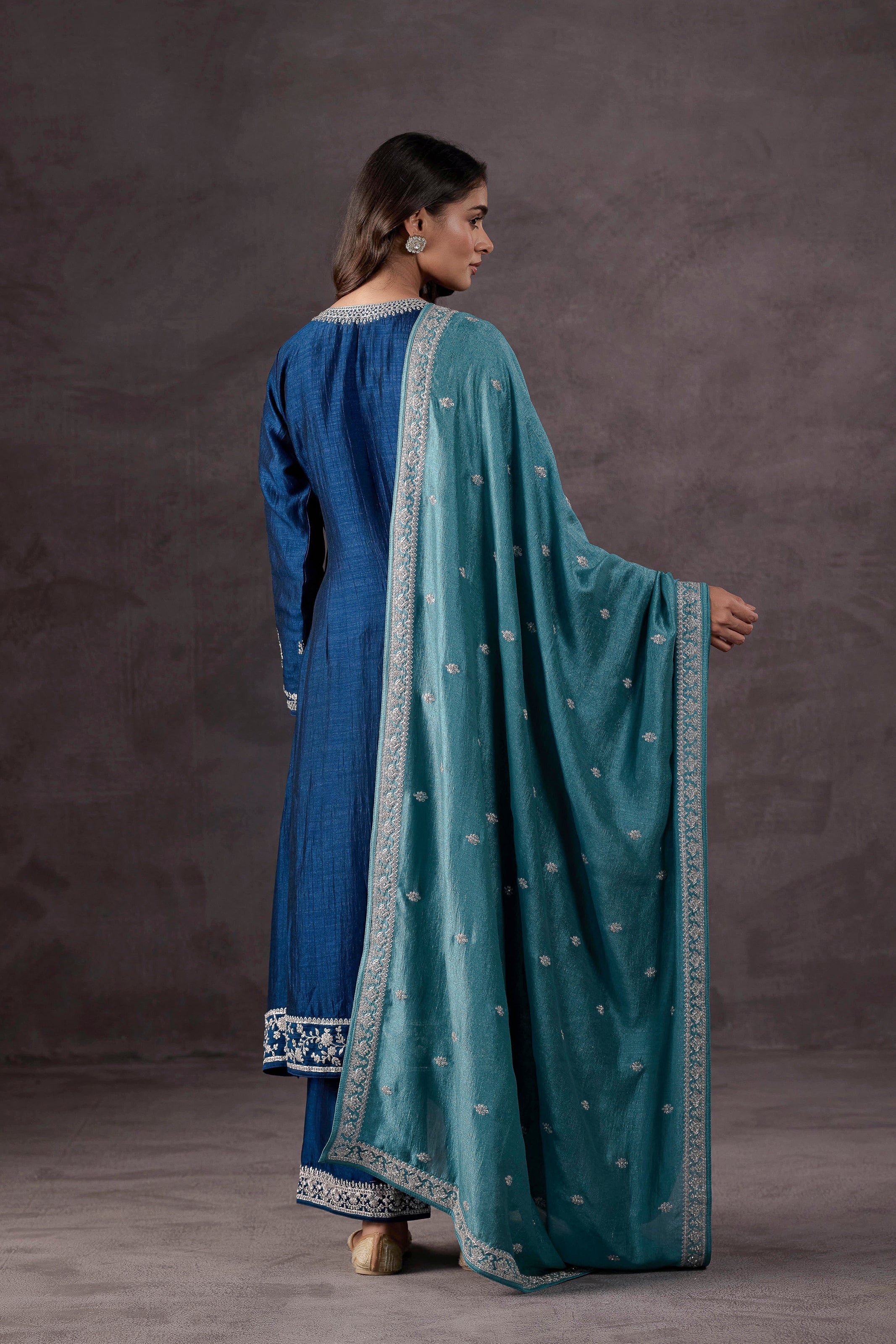 Teal Blue Embellished Raw Silk Anarkali Set