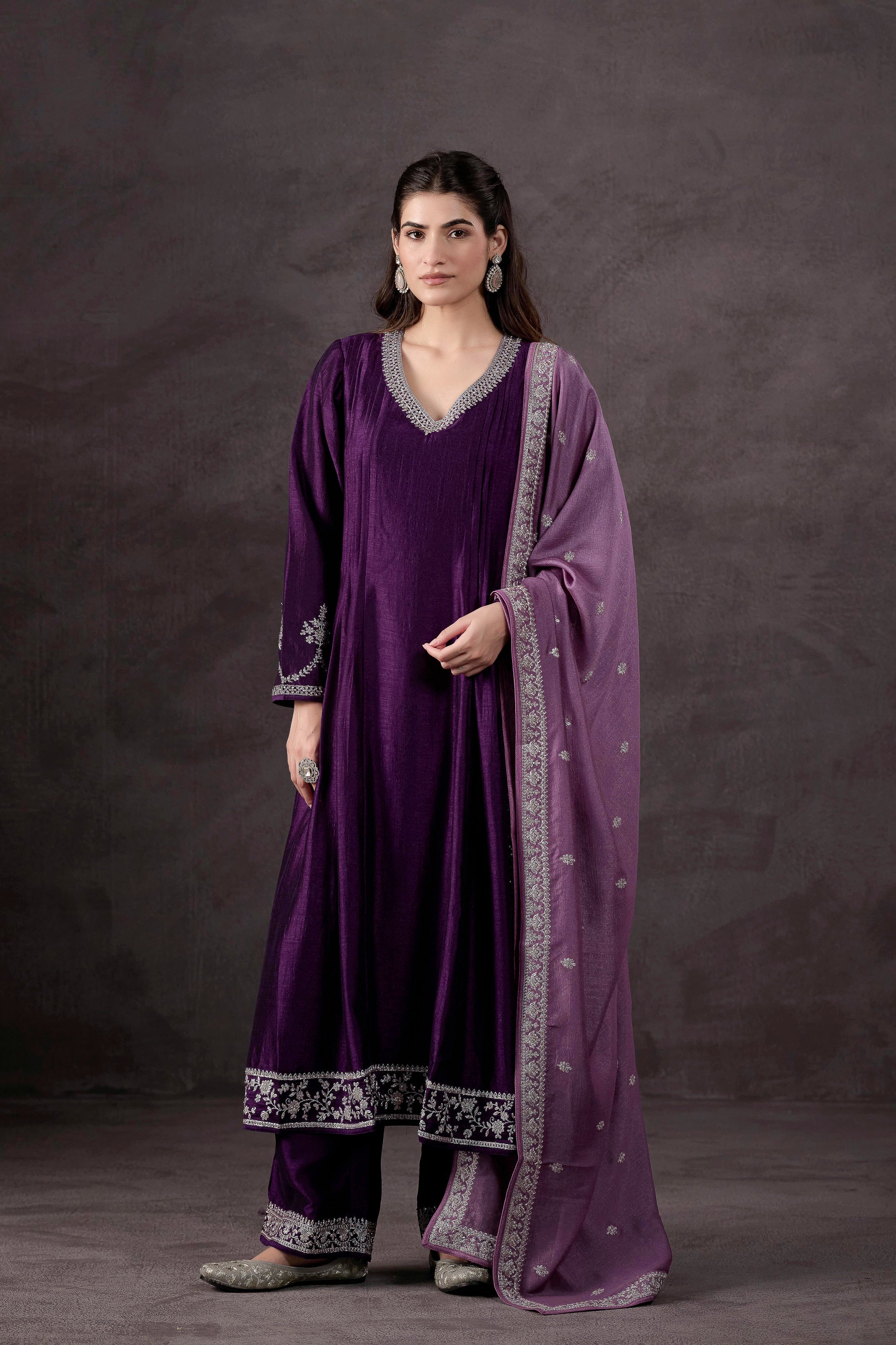 Purple Embellished Raw Silk Pant Set
