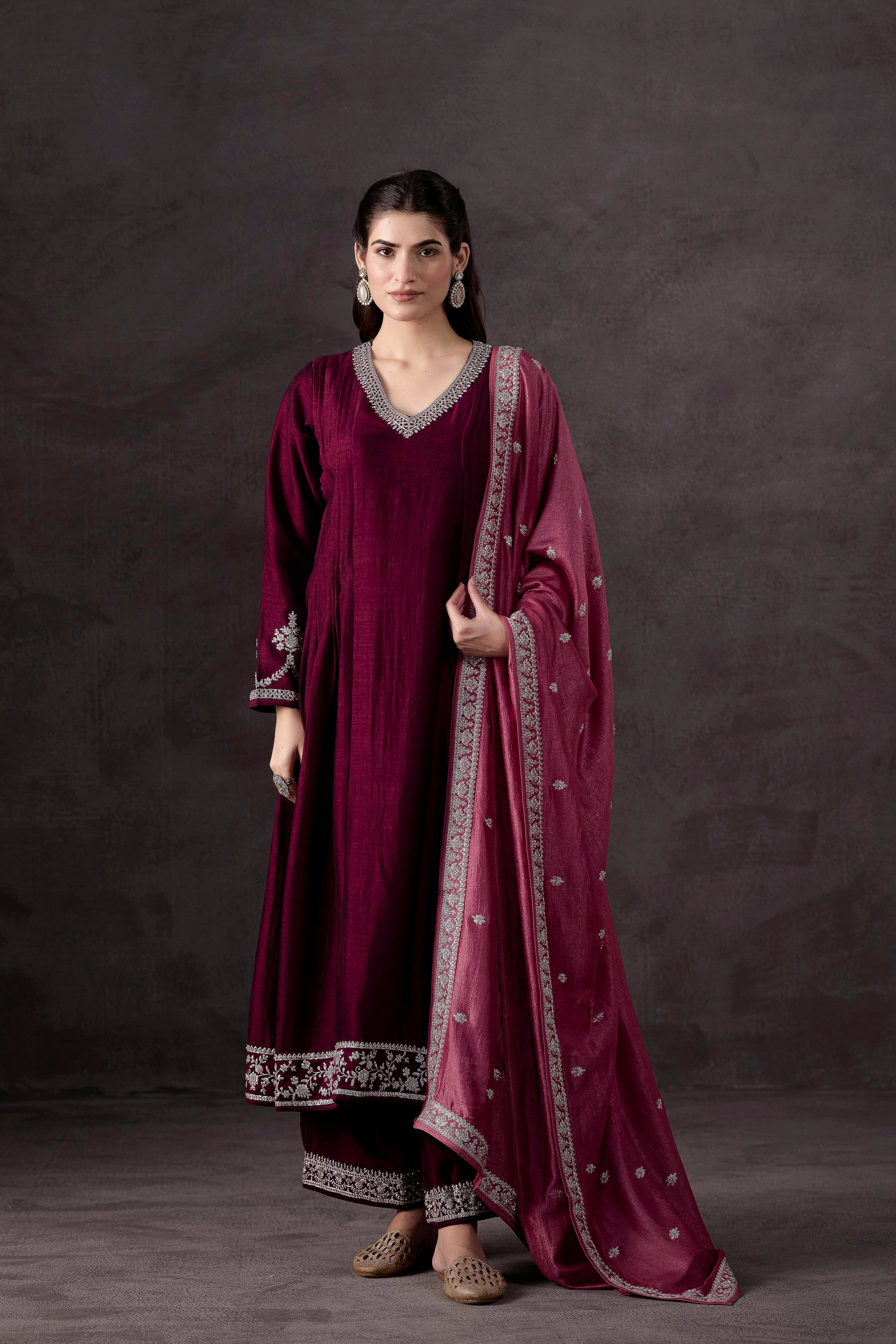 Wine Embellished Raw Silk Pant Set