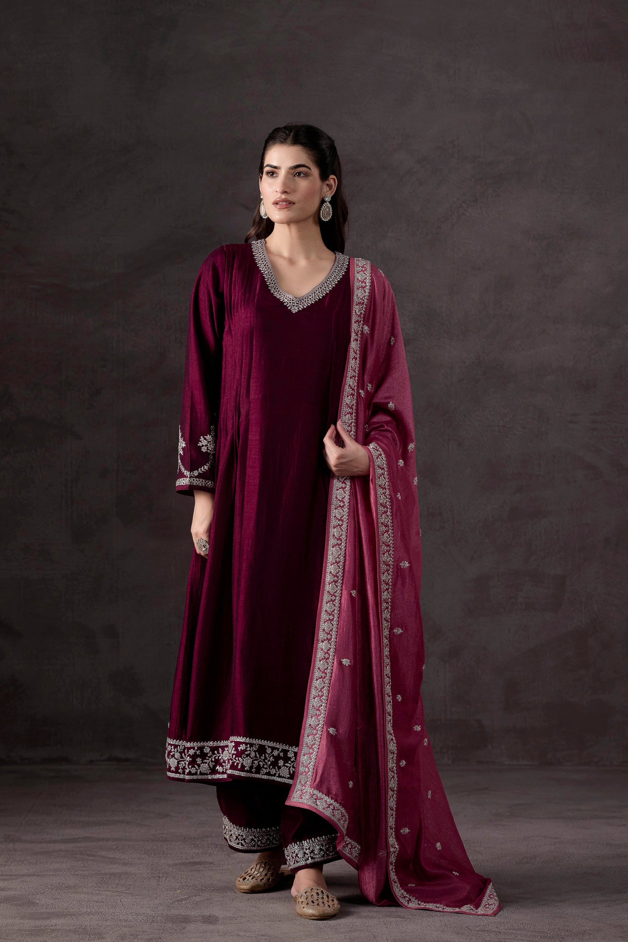 Wine Embellished Raw Silk Pant Set