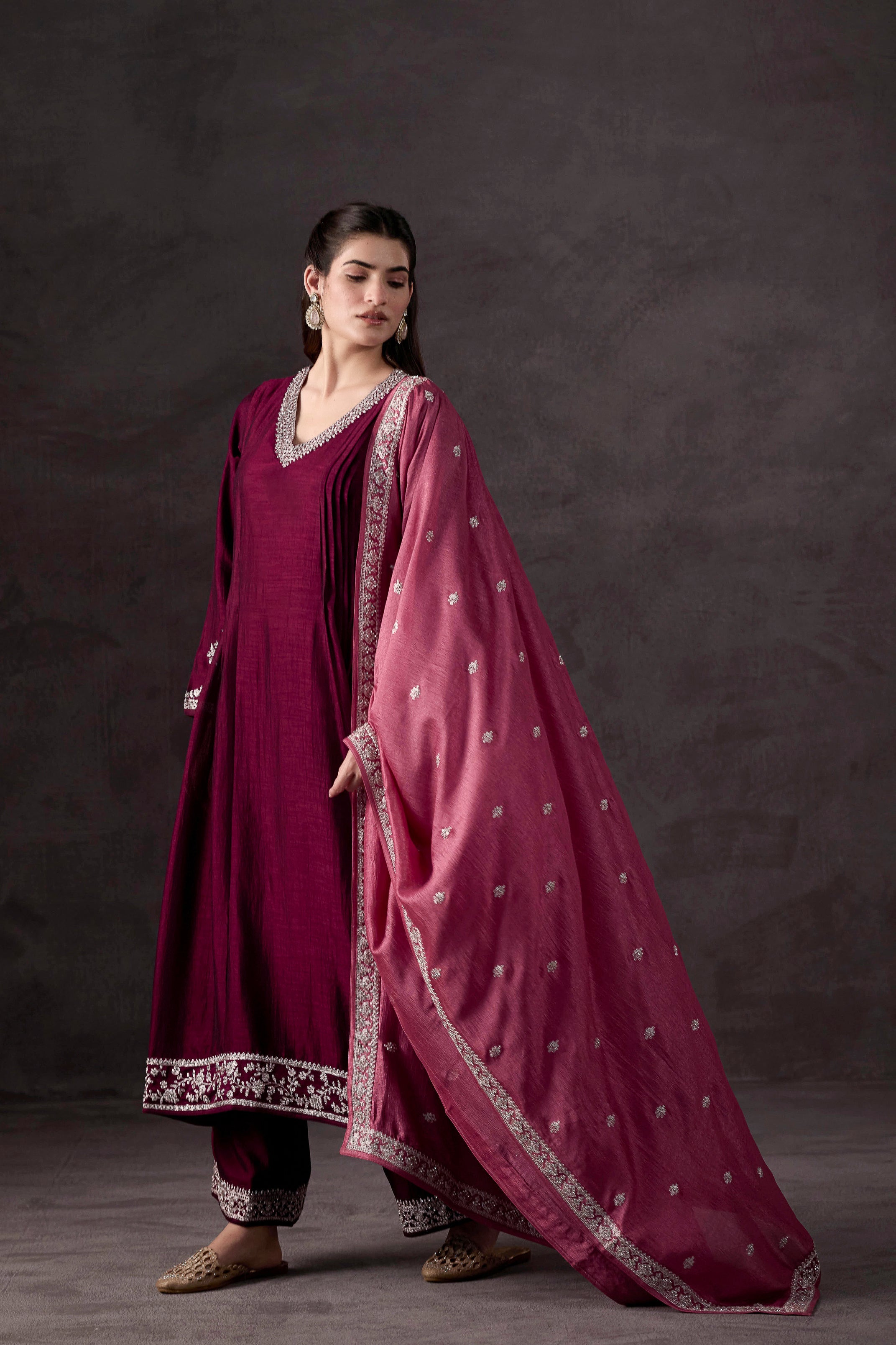 Wine Embellished Raw Silk Pant Set