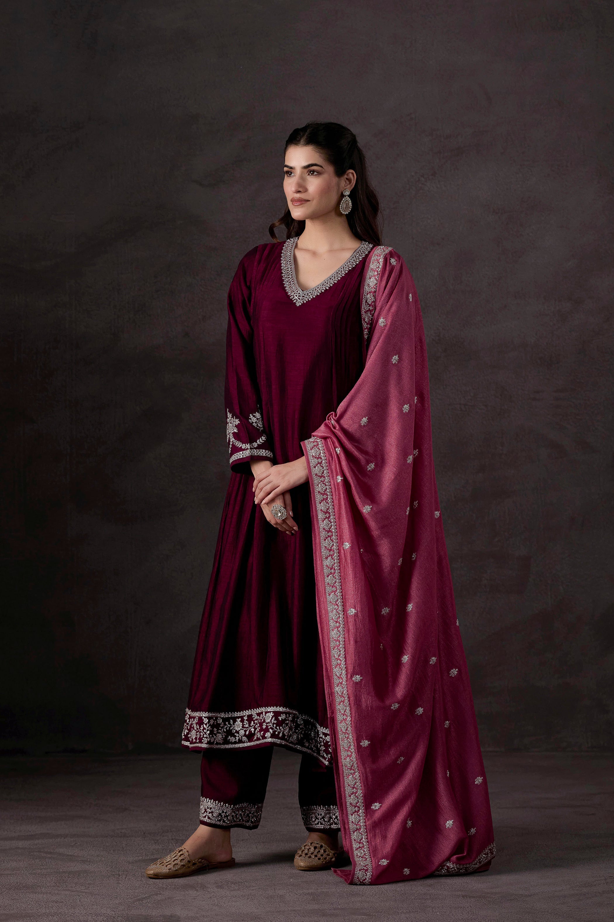 Wine Embellished Raw Silk Pant Set
