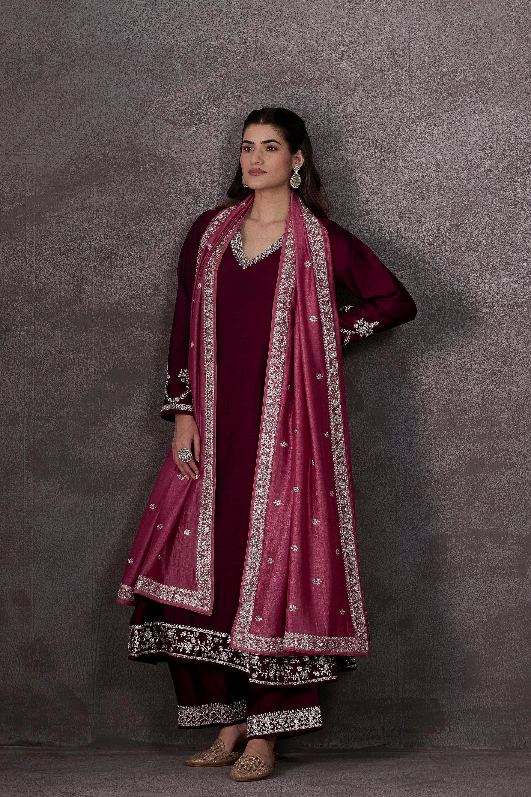 Wine Embellished Raw Silk Pant Set
